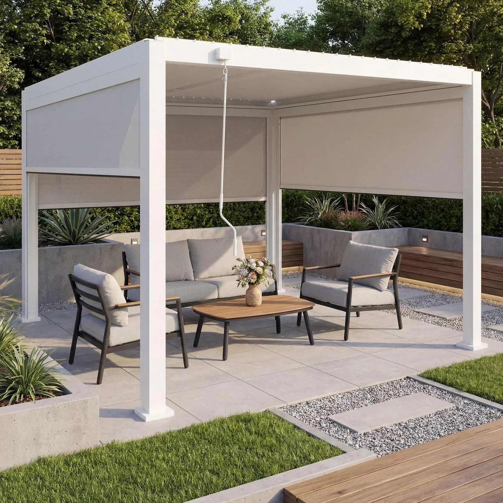 MCW Pergola 3x3m mit 3x Seitenwand und Rollo weiß
