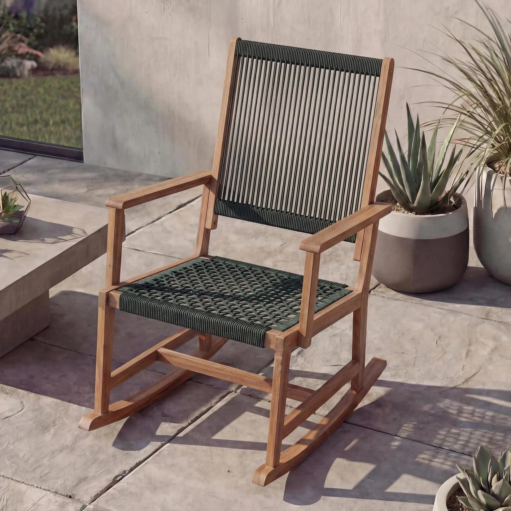 Schaukelstuhl MCW-P73 Garten Outdoor Wippstuhl Relaxstuhl Akazie Holz Seilgeflecht olivgrün