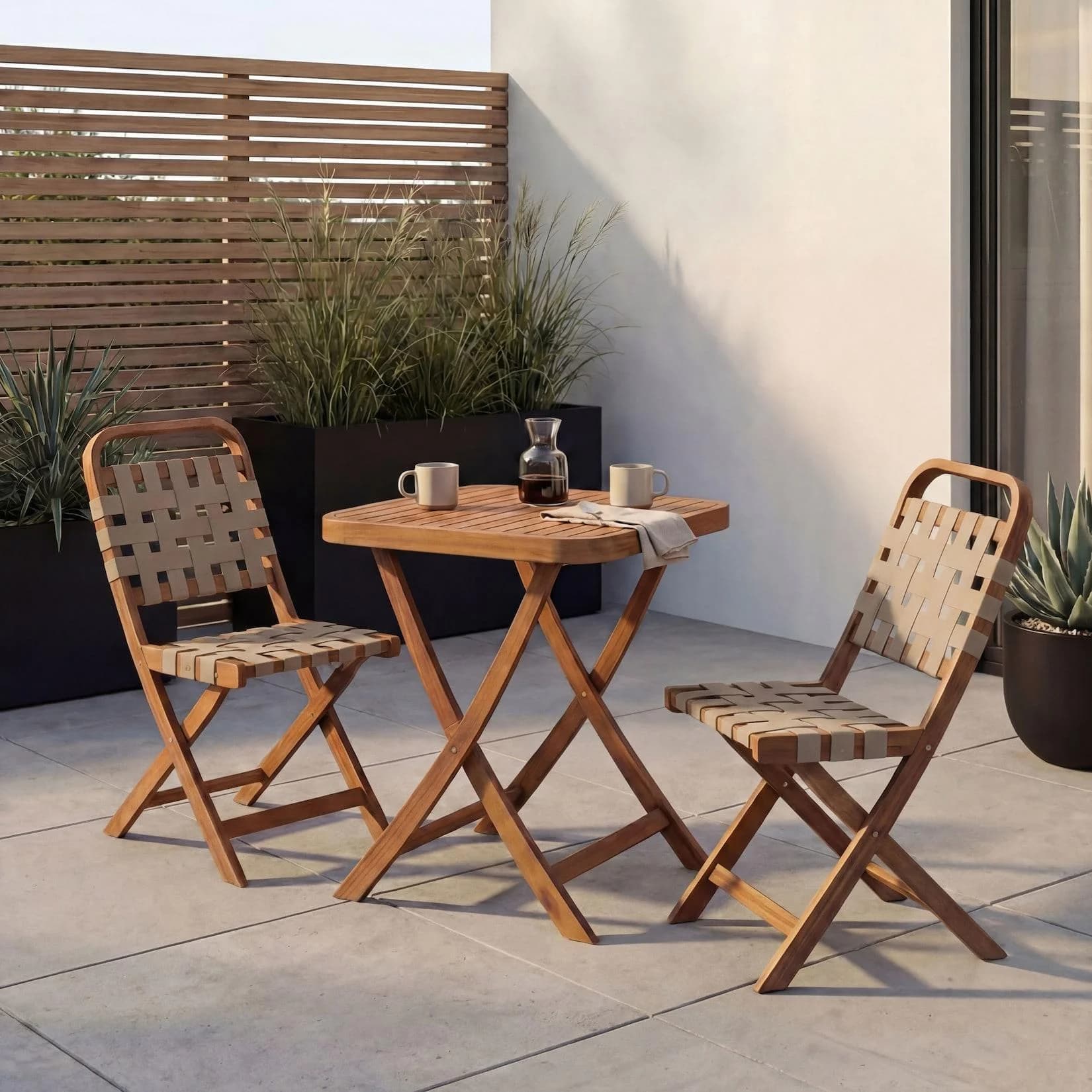 Garten-Set MCW-P70 Balkon Garnitur 2x Stuhl Tisch Seilgeflecht Akazie Holz klappbar