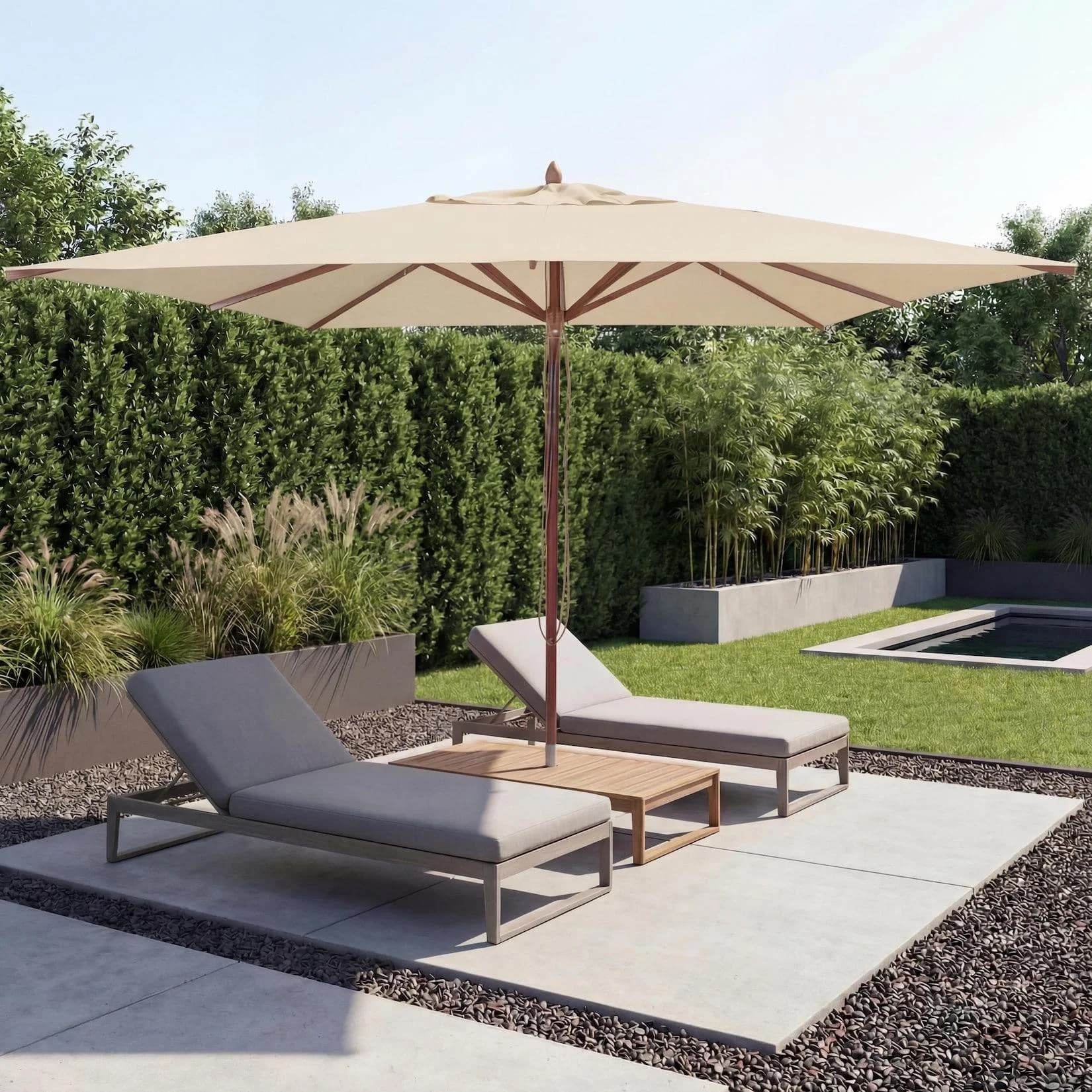 MCW Gastronomie Holz-Sonnenschirm Eckig 4x4m Creme Seilzug