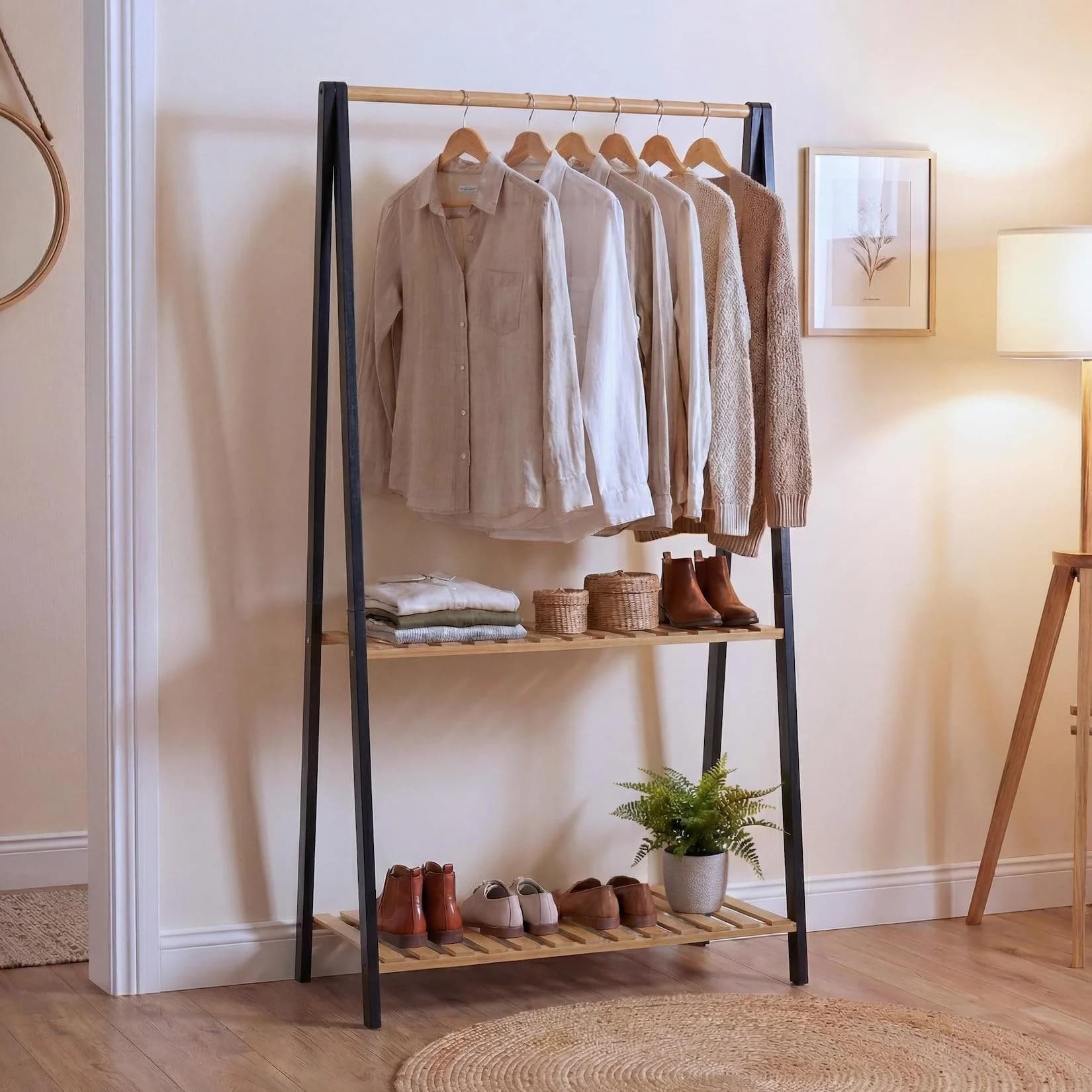 MCW Bambus Standgarderobe mit Ablagen und Kleiderstange