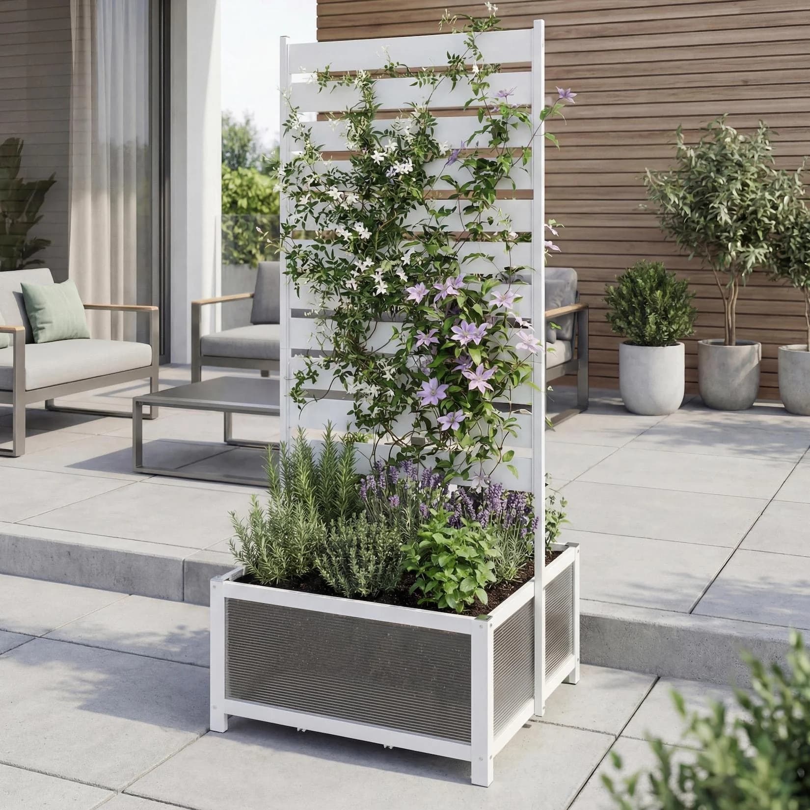 MCW Aluminium Beet mit Rankgitter, Blumenkasten Pflanzkübel Spalier weiß