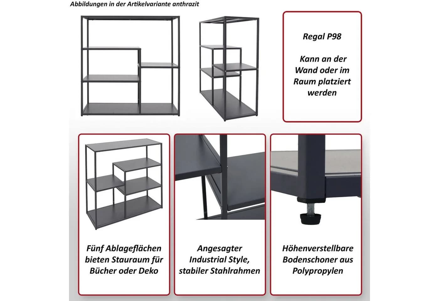 MCW Standregal P98 Schwarz Industrie-Style Metallregal 5 Böden - Bild 4