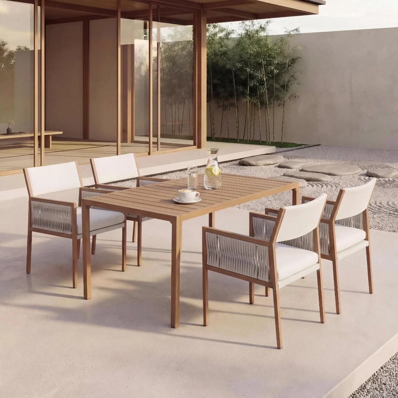 MCW Garten-Essgarnitur MCW-Q12 5-tlg. Weiß Polyrattan