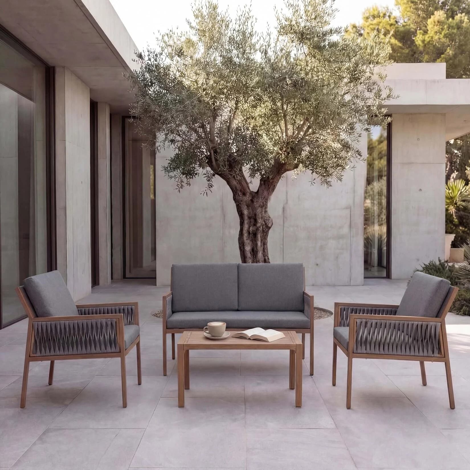 MCW Garten-Garnitur MCW-Q12 Polyrattan Olefin dunkelgrau