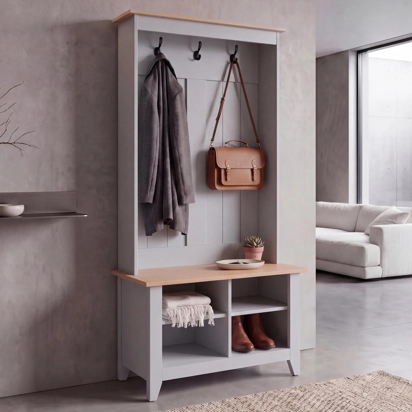 MCW Garderobe mit Sitzbank, 3 Haken & 4 Fächer, hellgrau/natur