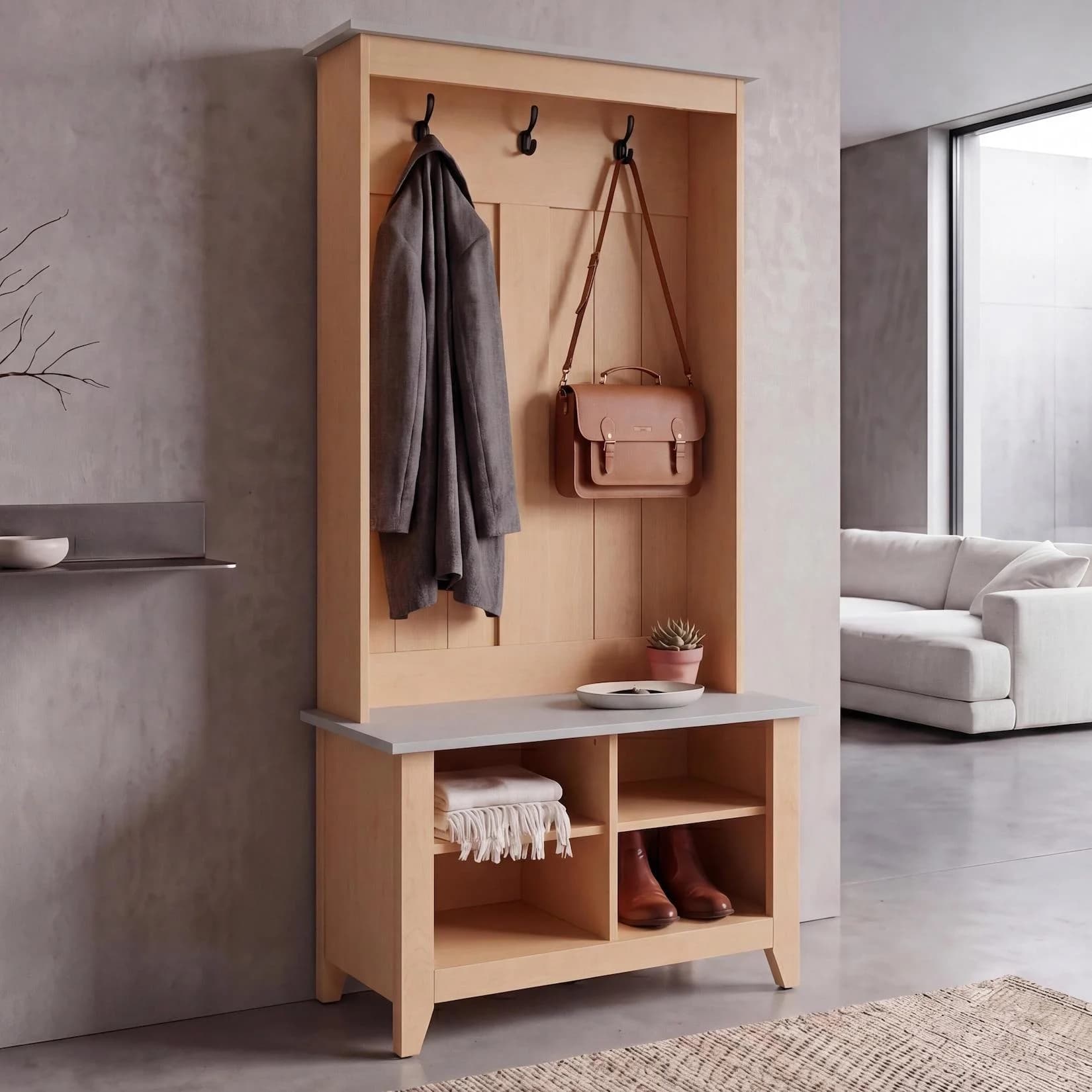 MCW Garderobe MCW-P28 Sitzbank mit 3 Haken und 4 Fächern