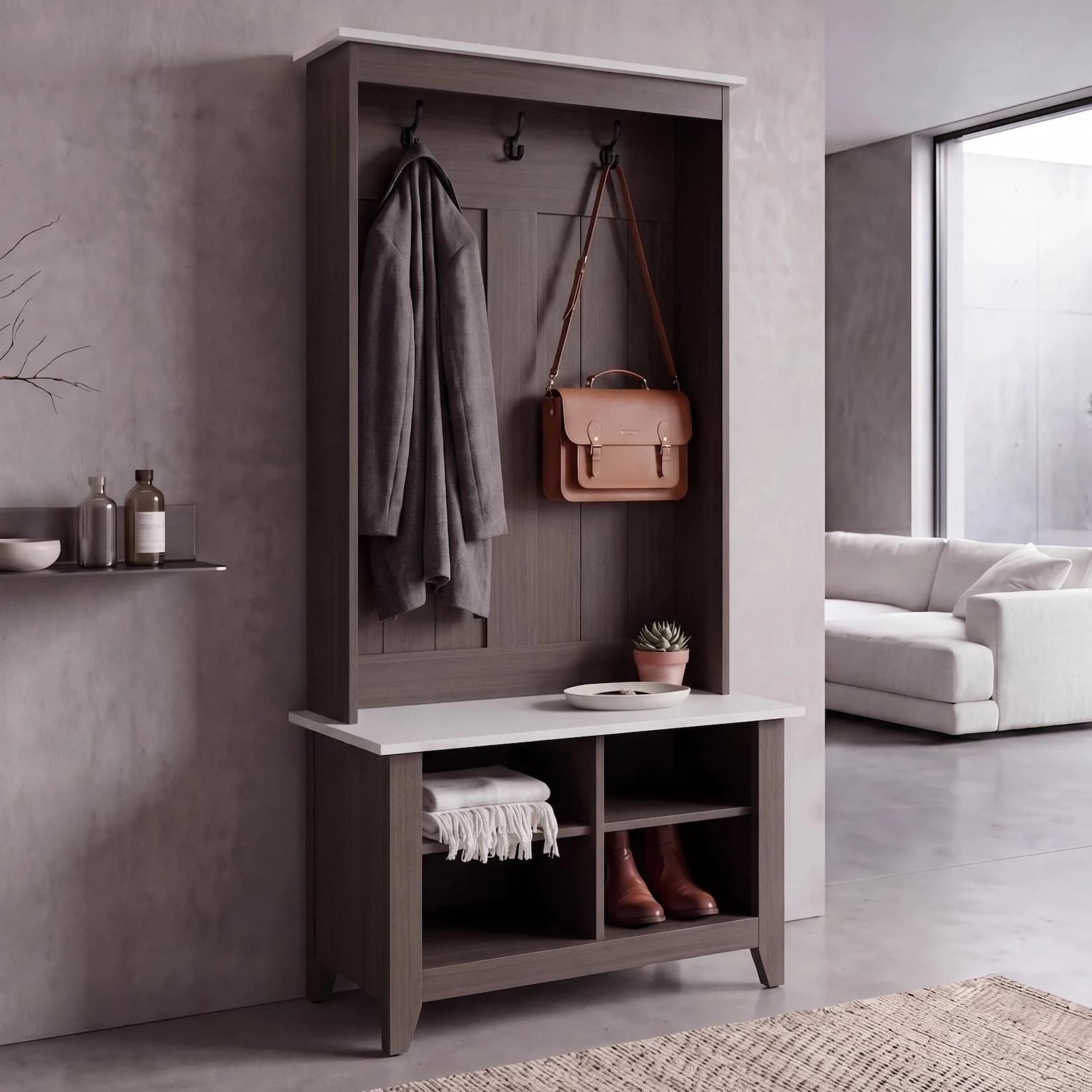 MCW Garderobe MCW-P28 mit Sitzbank, 3 Haken, 4 Fächer, Walnuss-Optik Beige