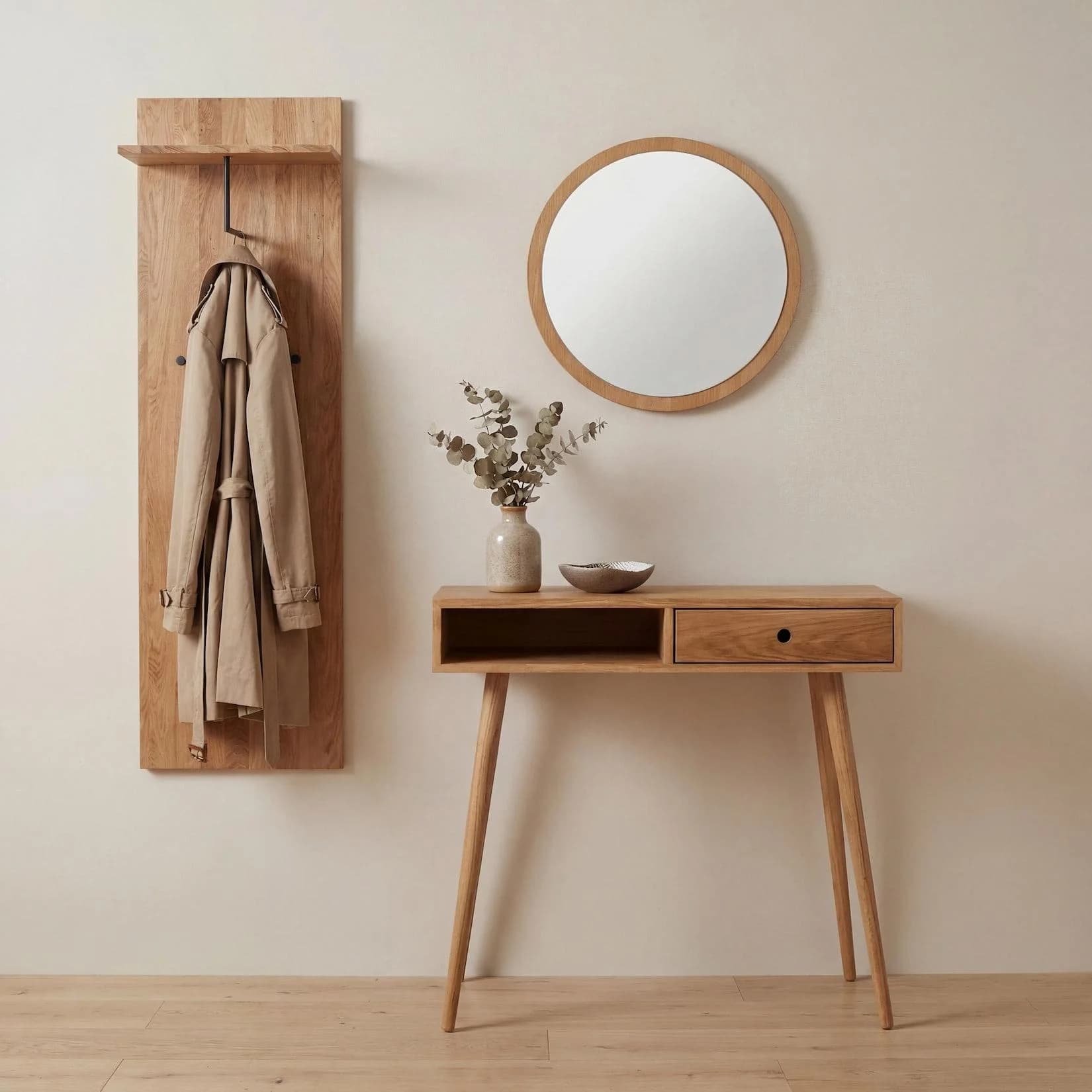 MCW Garderobenset MCW-P55 mit Spiegel, Schublade & Haken aus Massivholz Eiche