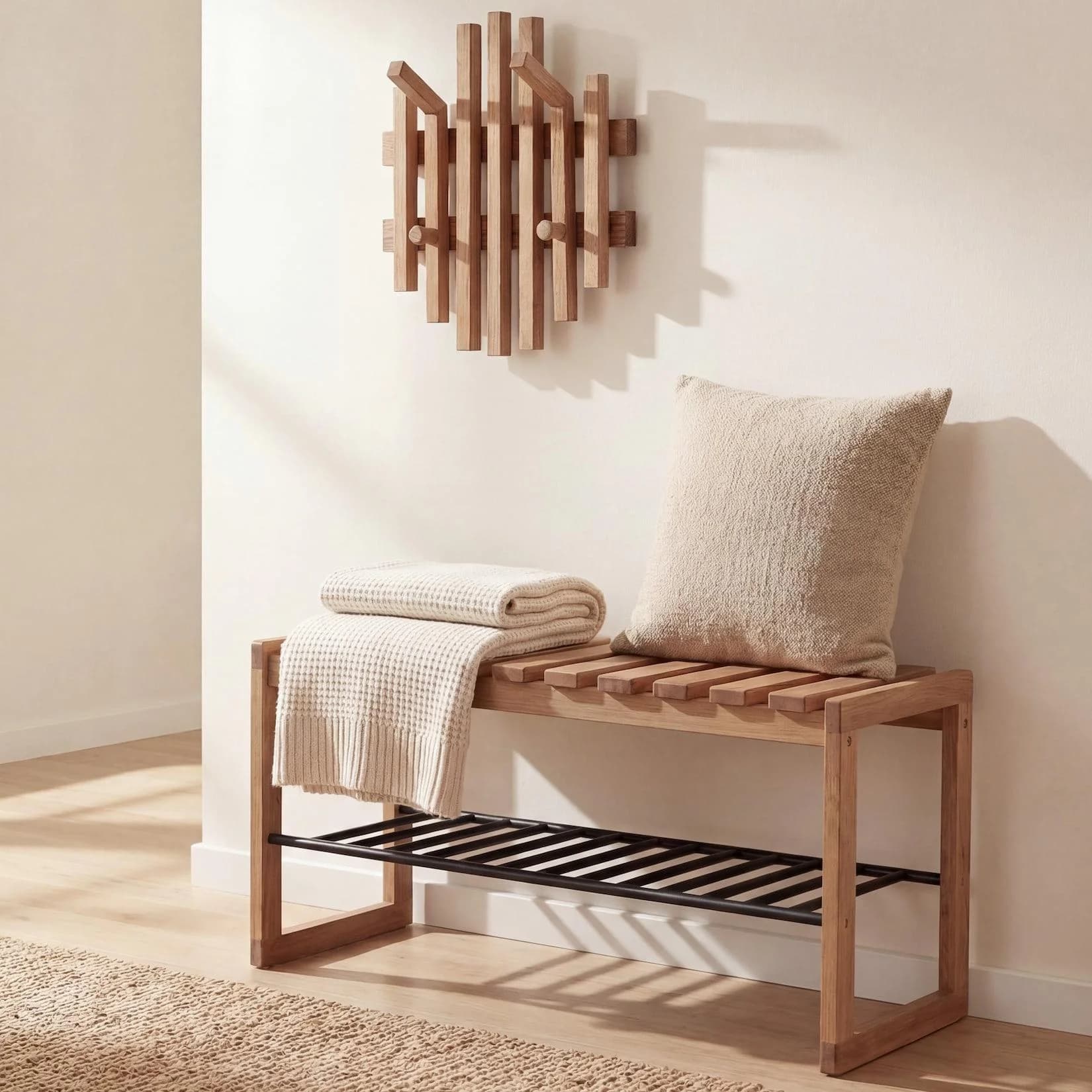 MCW Garderobenset MCW-P57 mit Sitzbank und Schuhablage aus Massivholz Eiche