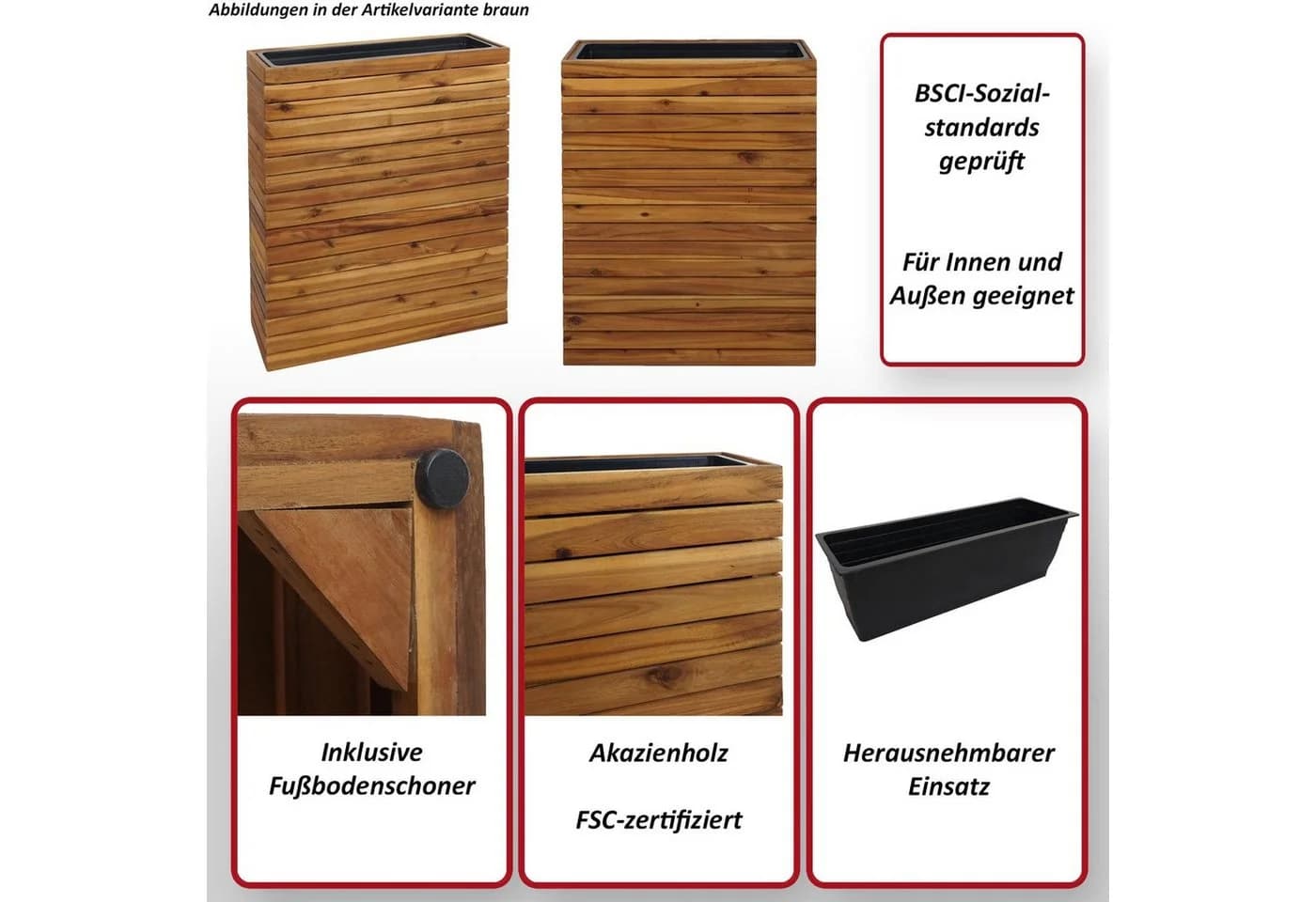 MCW Blumenkasten MCW-L21-gr Braun Akazienholz mit Fußbodenschoner - Bild 5