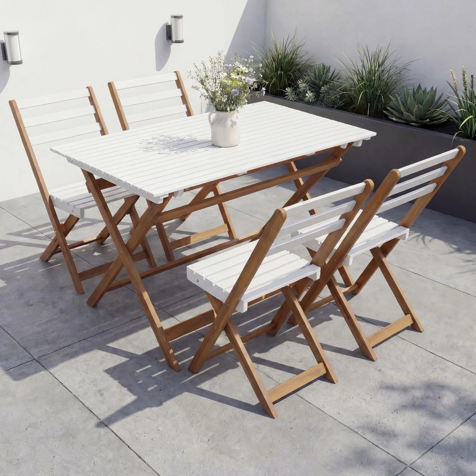 Garnitur MCW-P72 Lounge-Set Garten 4x Stuhl Tisch Akazie Holz klappbar Natur-weiß