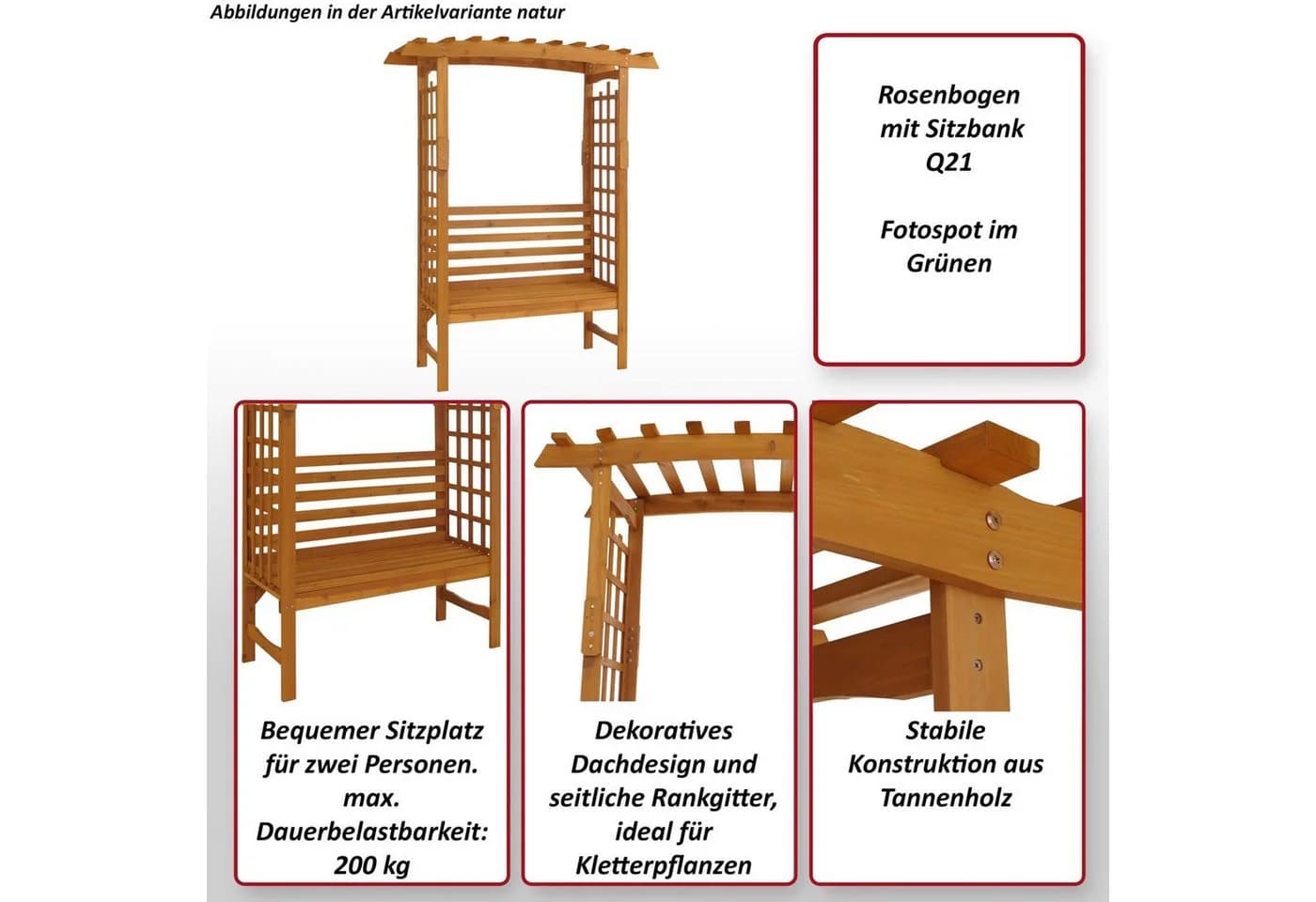 MCW Gartenbank mit Rosenbogen Tannenholz Sitzbank für 2 Personen - Bild 4