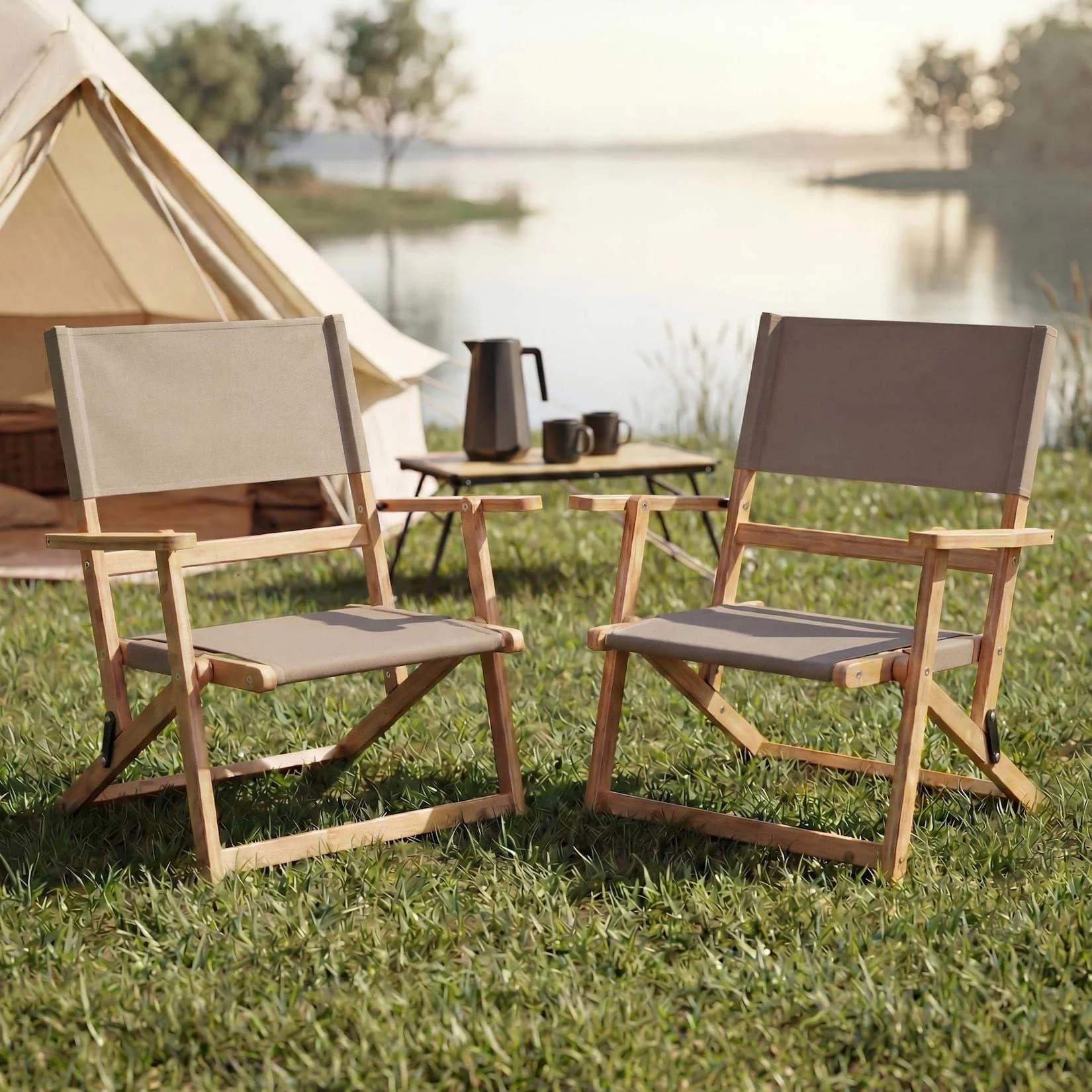 MCW 2er-Set Bambus Campingstuhl klappbar Outdoor Creme