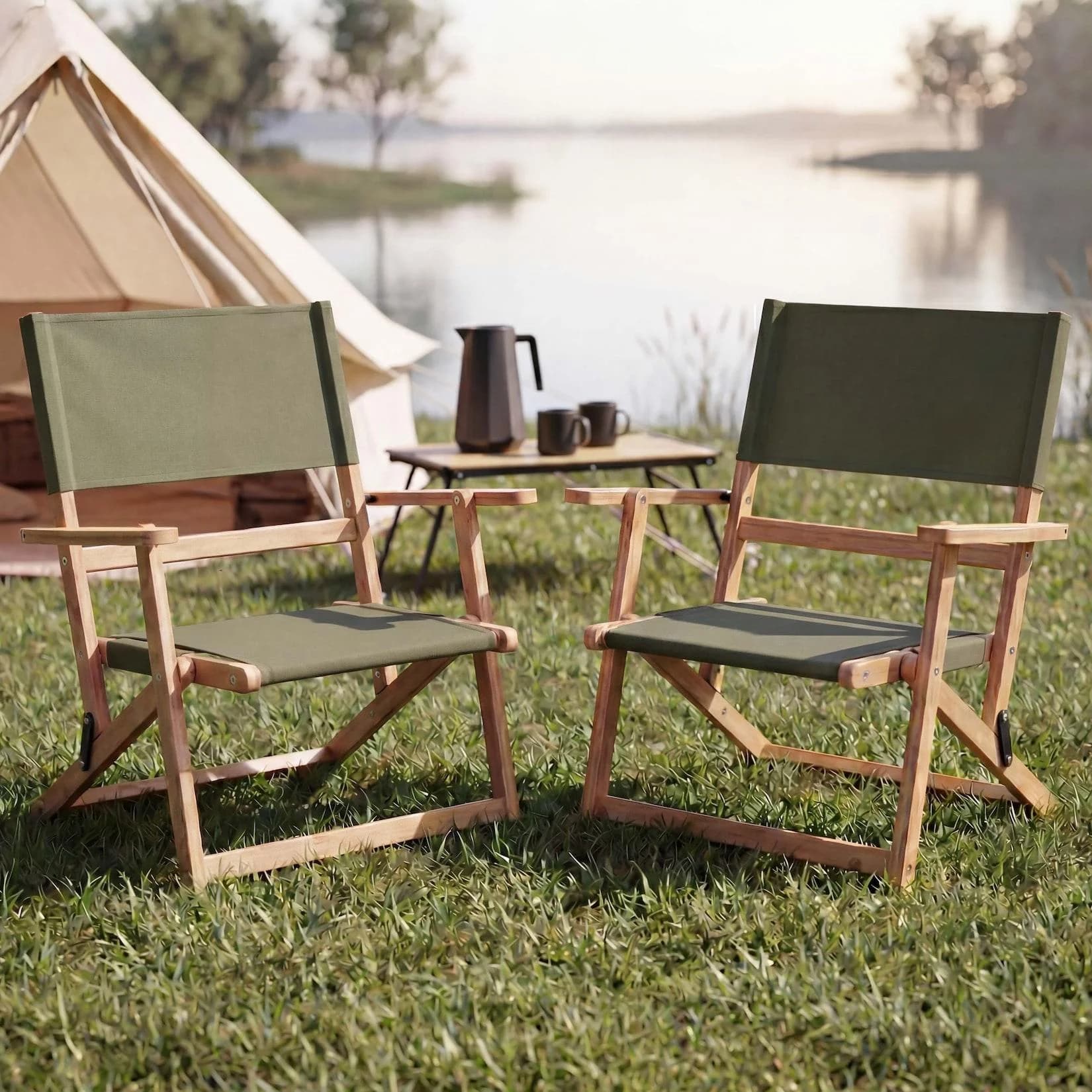 MCW 2er-Set Bambus Campingstuhl klappbar grün