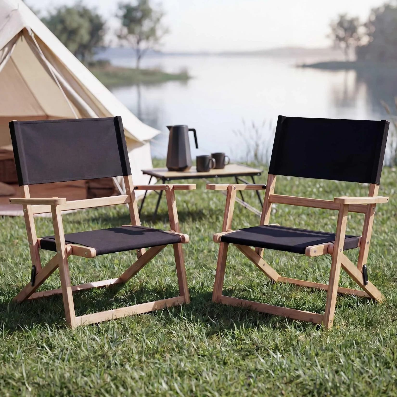 MCW 2er-Set Bambus Campingstuhl Klappbar Schwarz