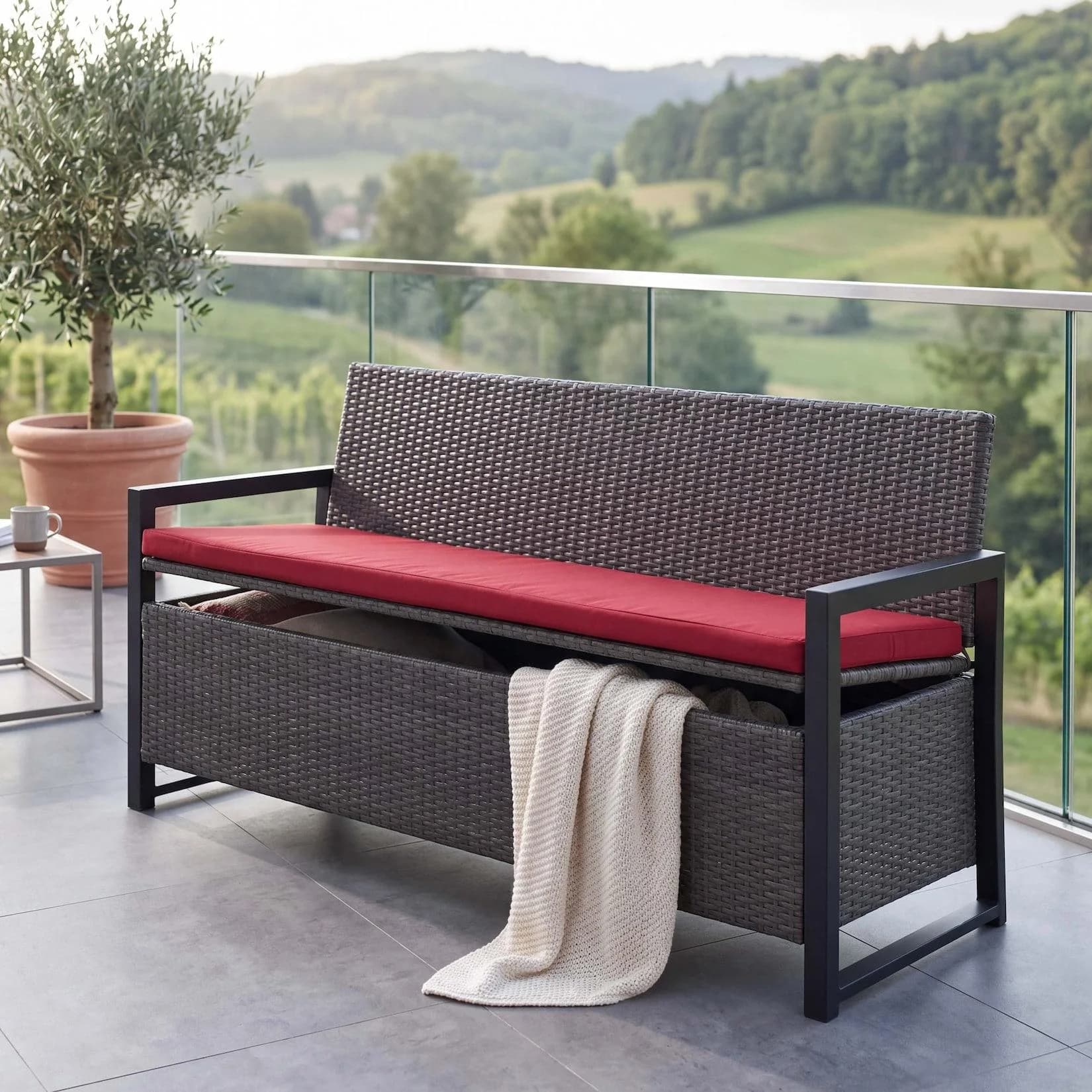 MCW Poly-Rattan 3er Sitzbank grau mit Staufach und Kissen
