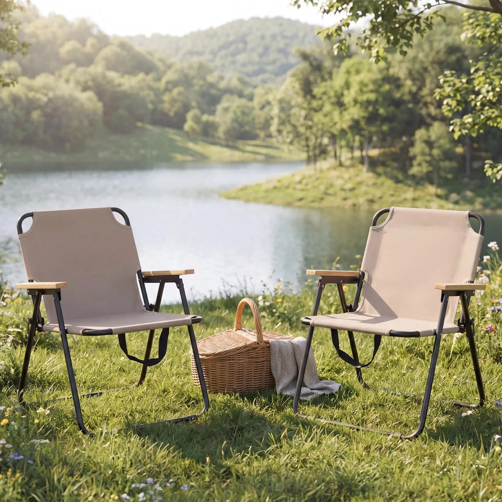 MCW 2er-Set Campingstuhl klappbar Bambus Metall creme