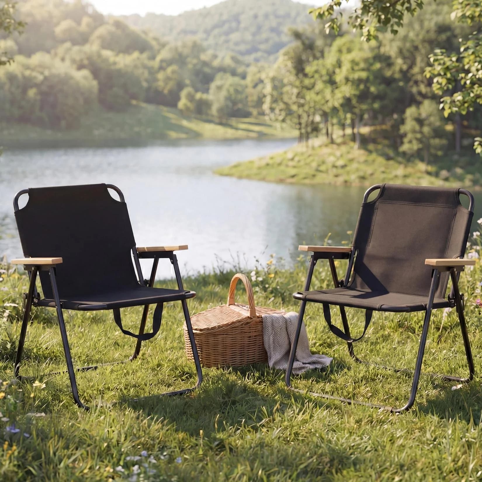 MCW 2er-Set Campingstuhl klappbar Bambus Metall Schwarz