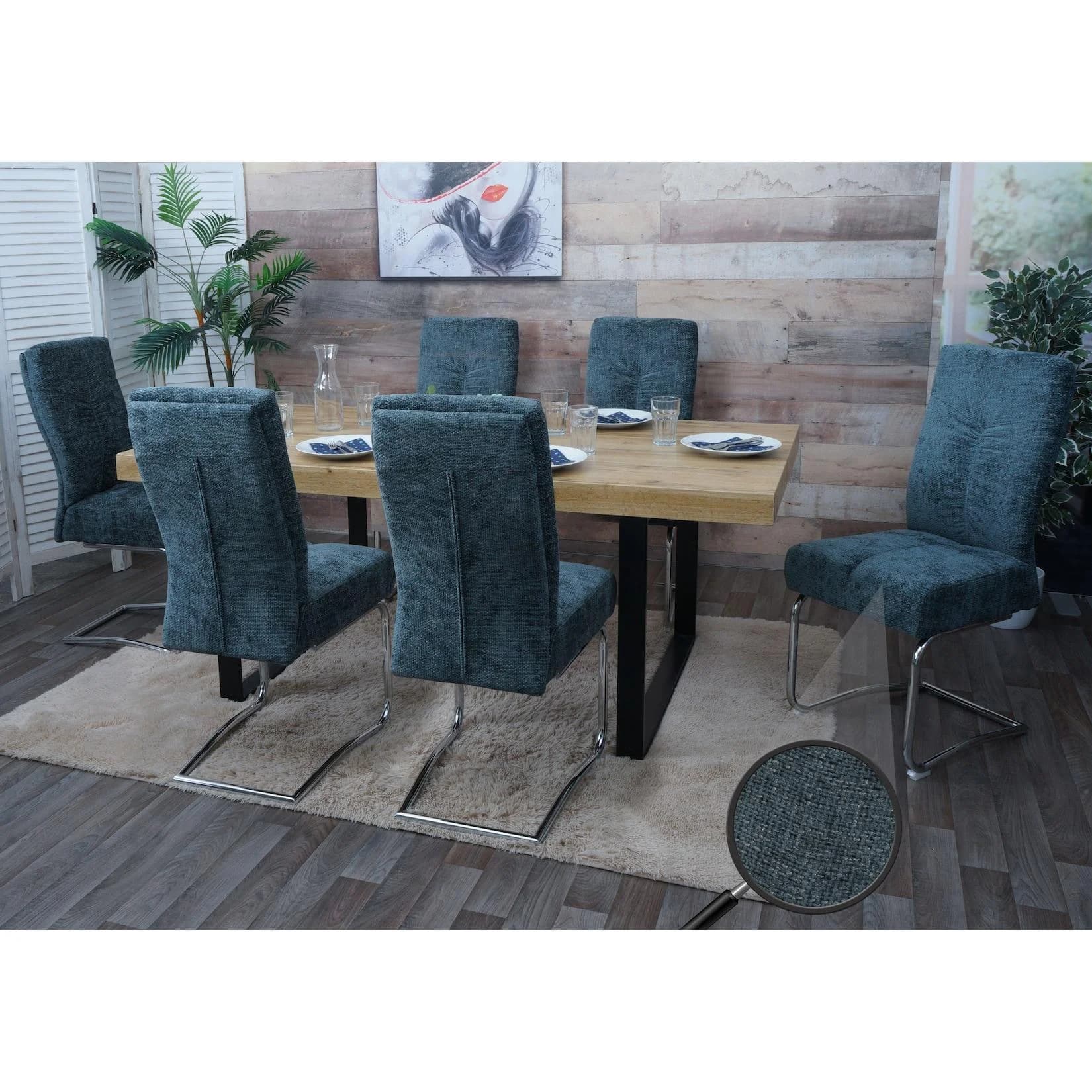 6er-Set Esszimmerstuhl MCW-G56 Freischwinger Chenille blau-grün