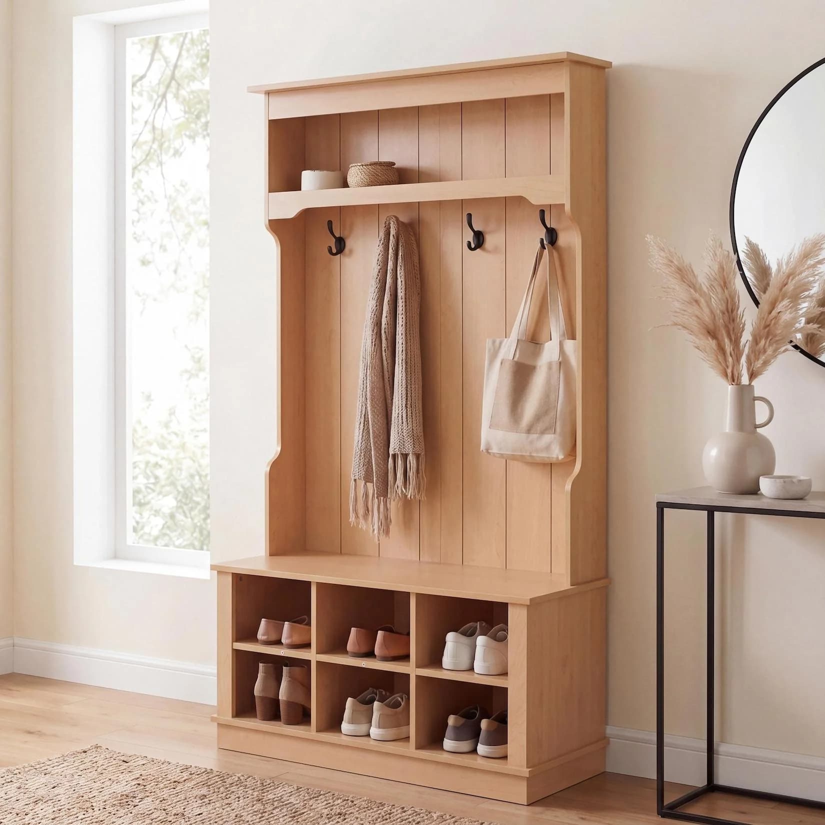 MCW Garderobe mit Sitzbank, 4 Haken & Staufach, Melamin