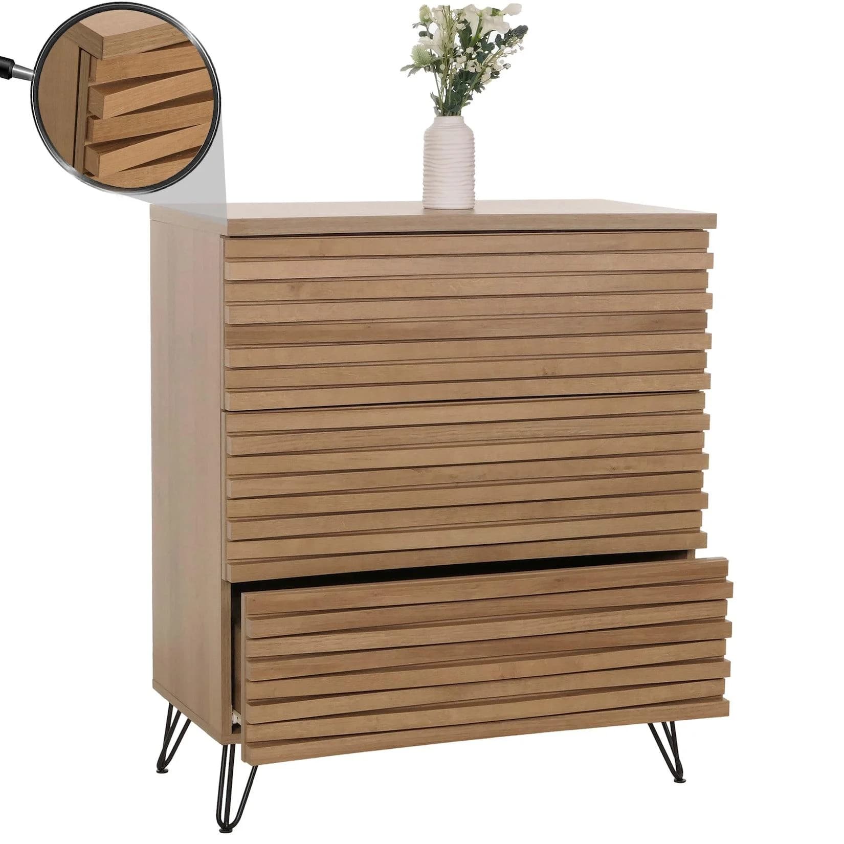 MCW Kommode MCW-M49 Sideboard 3 Schubladen 3D-Design Natur