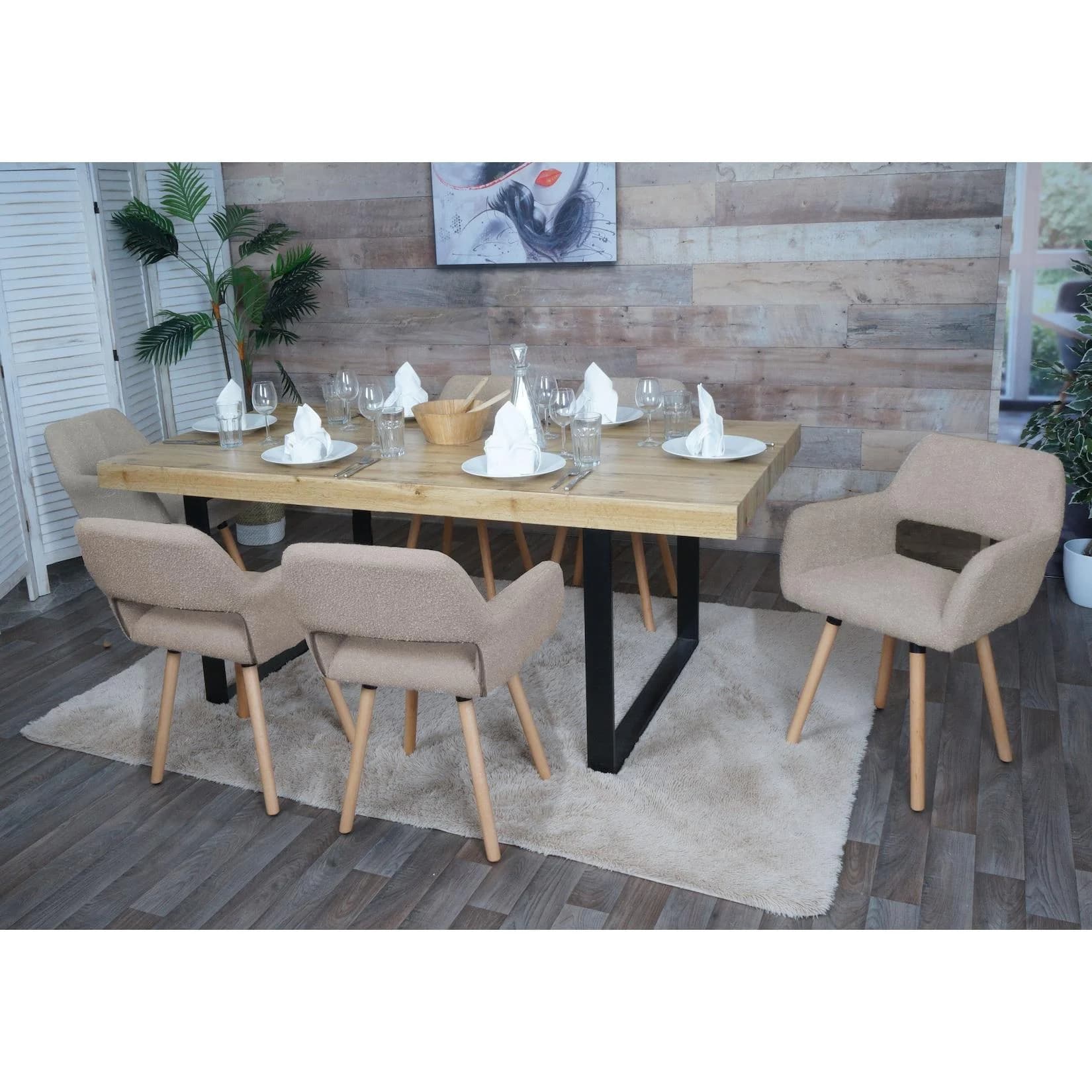 MCW 6er-Set Esszimmerstuhl Taupe Holz Stoff Bouclé
