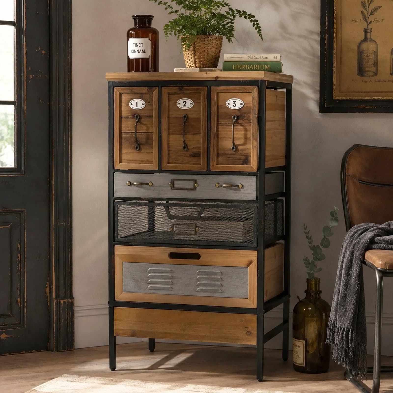MCW Apothekerkommode Industrial Vintage/Shabby Holz Metall