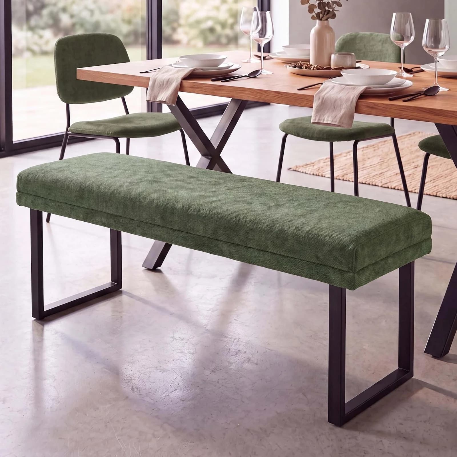 MCW Sitzbank 120cm Grün Metall Chenille Stoff