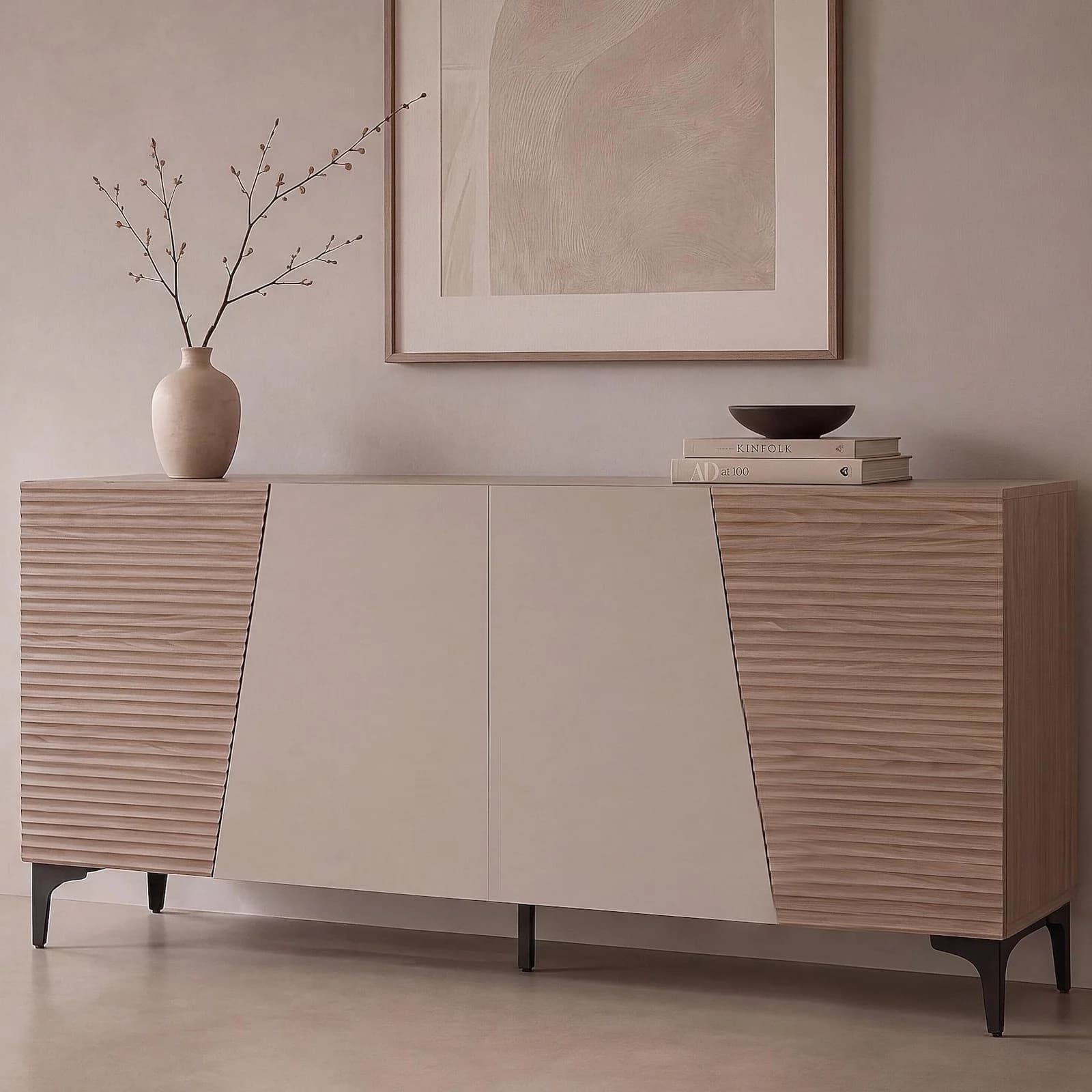 MCW Sideboard Nussbaum-Optik hell mit 4 Türen und 3D-Struktur