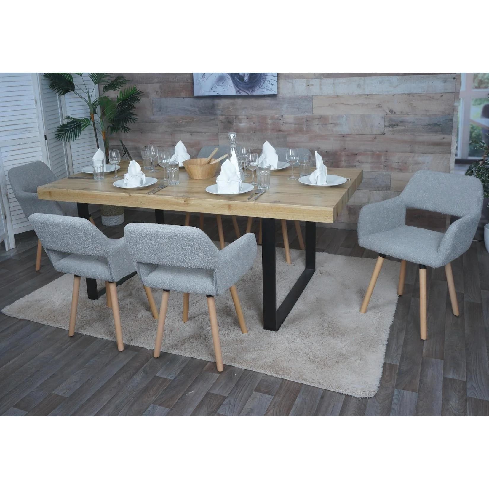 6er-Set Esszimmerstuhl MWC-A50 II Grau Holz Stoff Bouclé