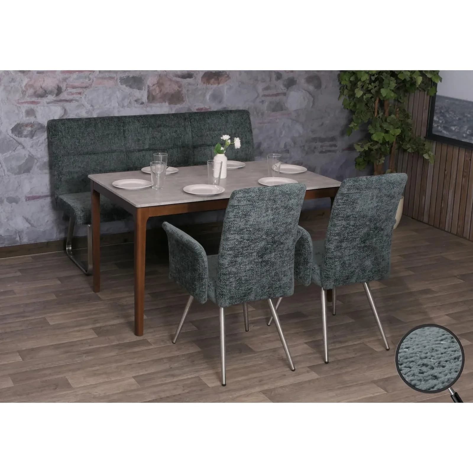 MCW Esszimmer-Set 2er Stuhl mit Armlehne + Sitzbank Edelstahl Blau-Grün