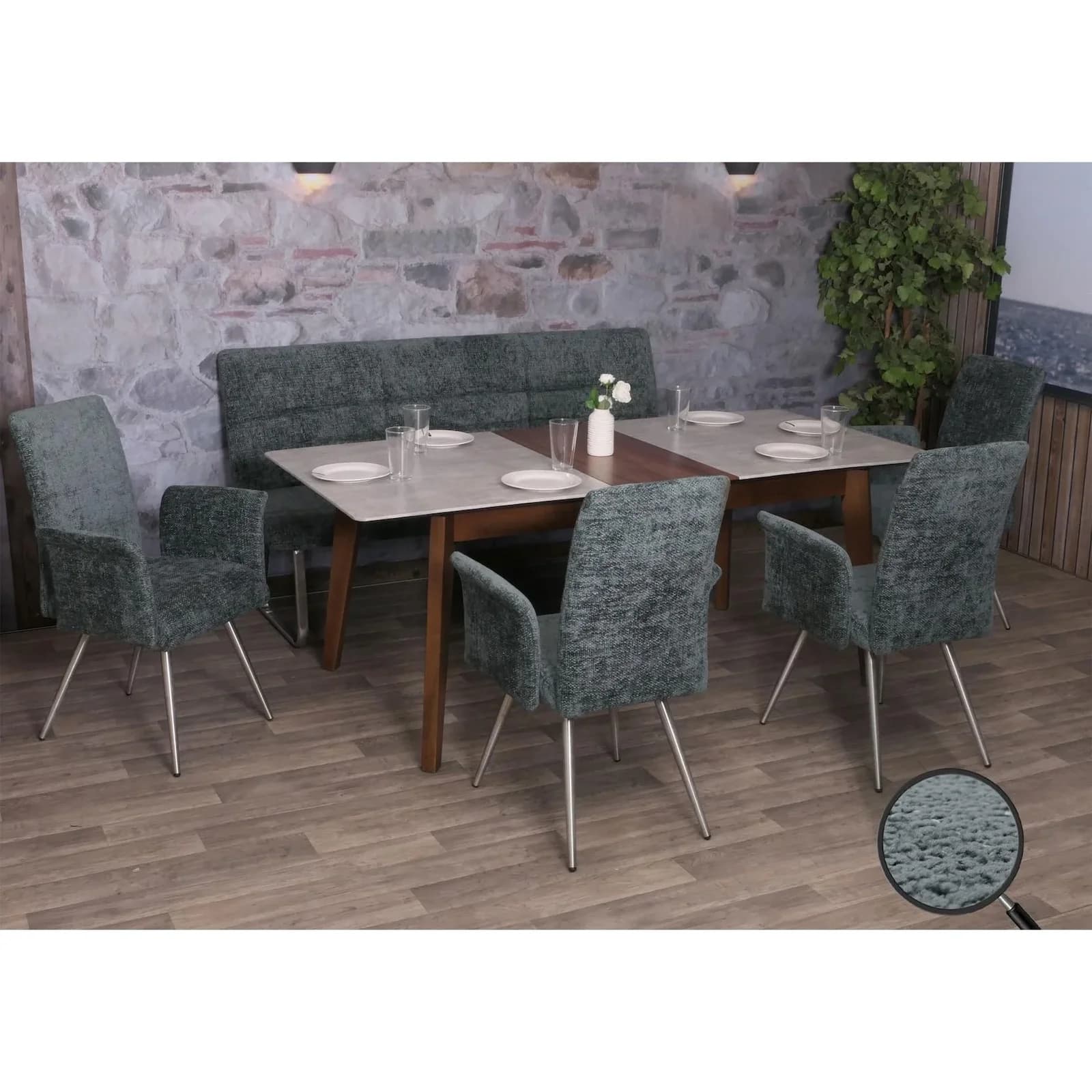 MCW Esszimmer-Set 4er Stühle mit Armlehne + Sitzbank Chenille Blau-Grün