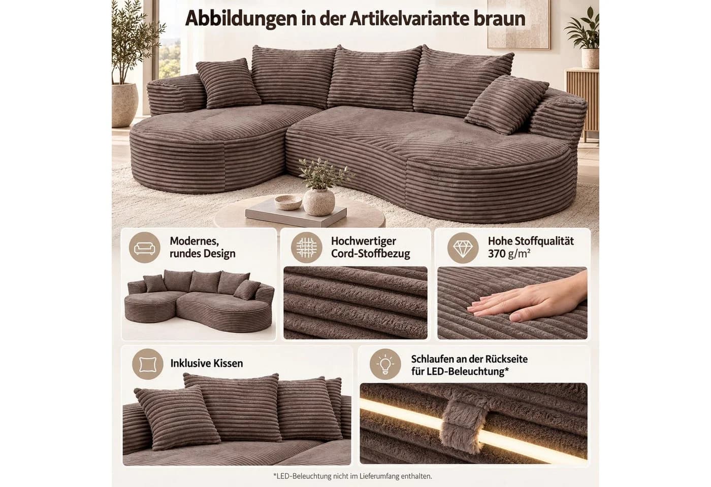 MCW Loungesofa MCW-P19-l Braun Cord Taschenfederkern - Bild 4