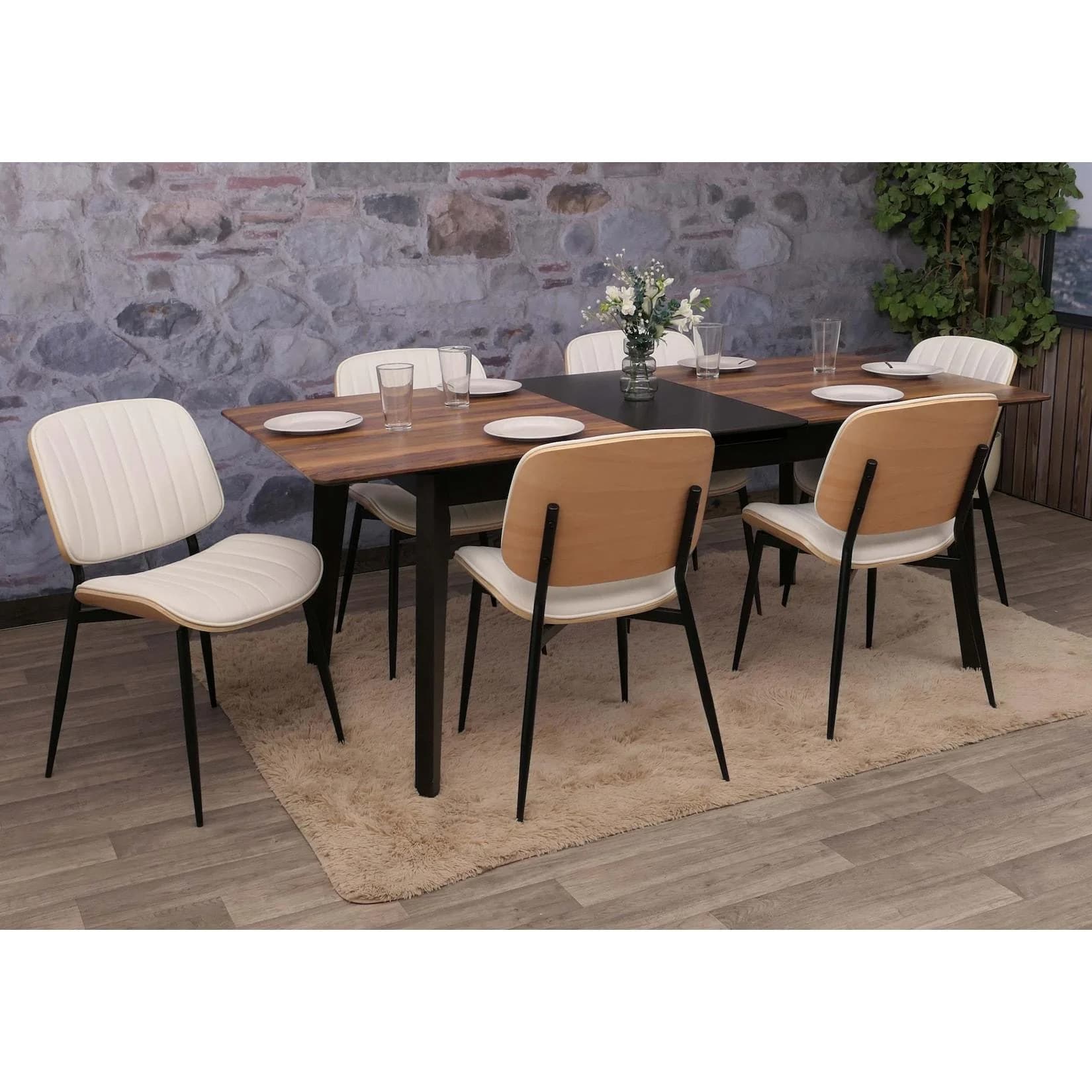 6er-Set Esszimmerstuhl MCW-O44 Bugholz Kunstleder Natur Weiß