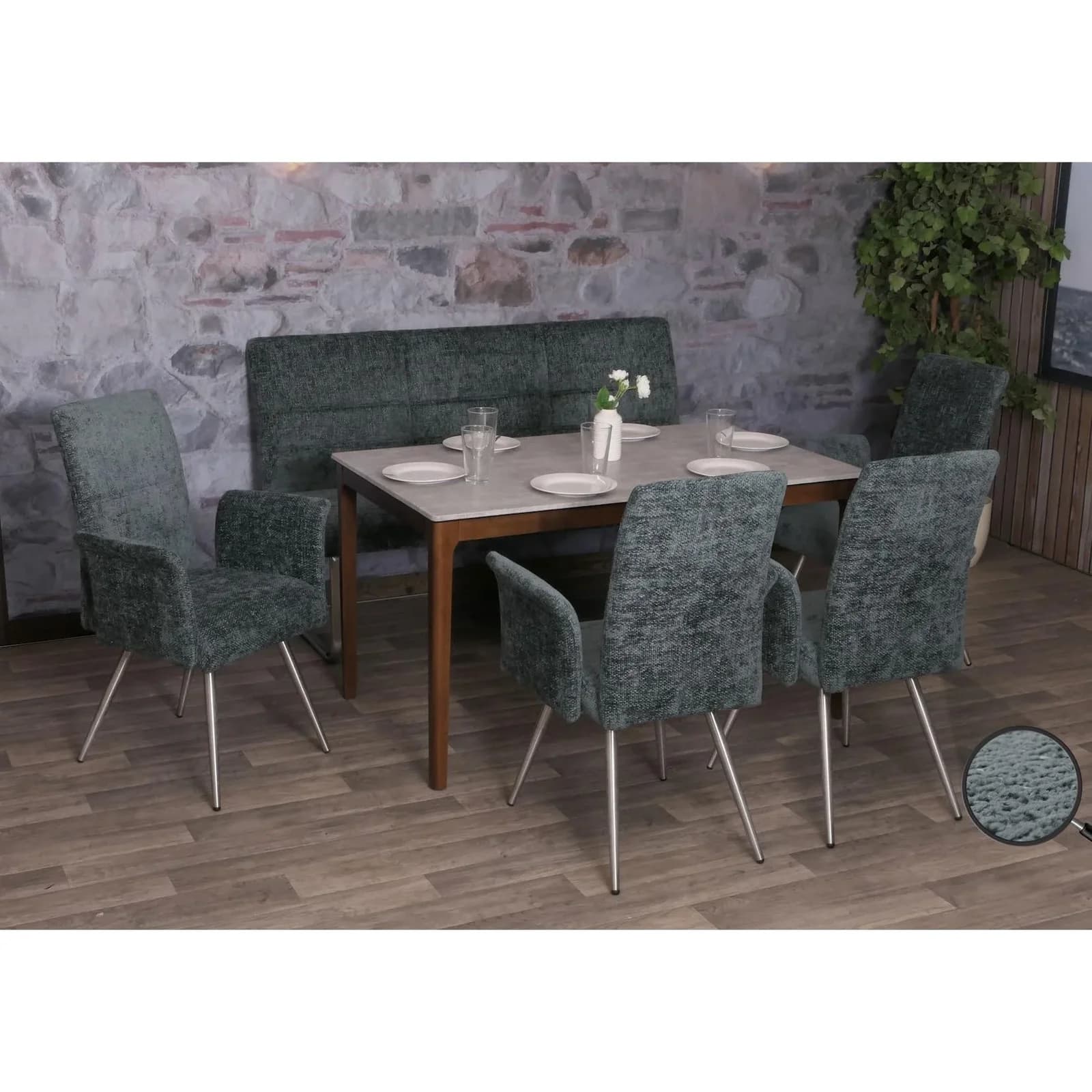 MCW Esszimmer-Set 4er Stuhl mit Armlehne + Sitzbank Blau-Grün Edelstahl