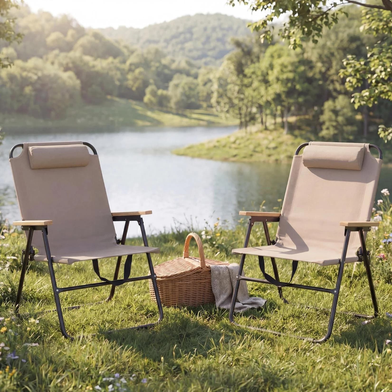 MCW 2er-Set Campingstuhl MCW-Q44 klappbar verstellbar Outdoor Metall Stoff creme