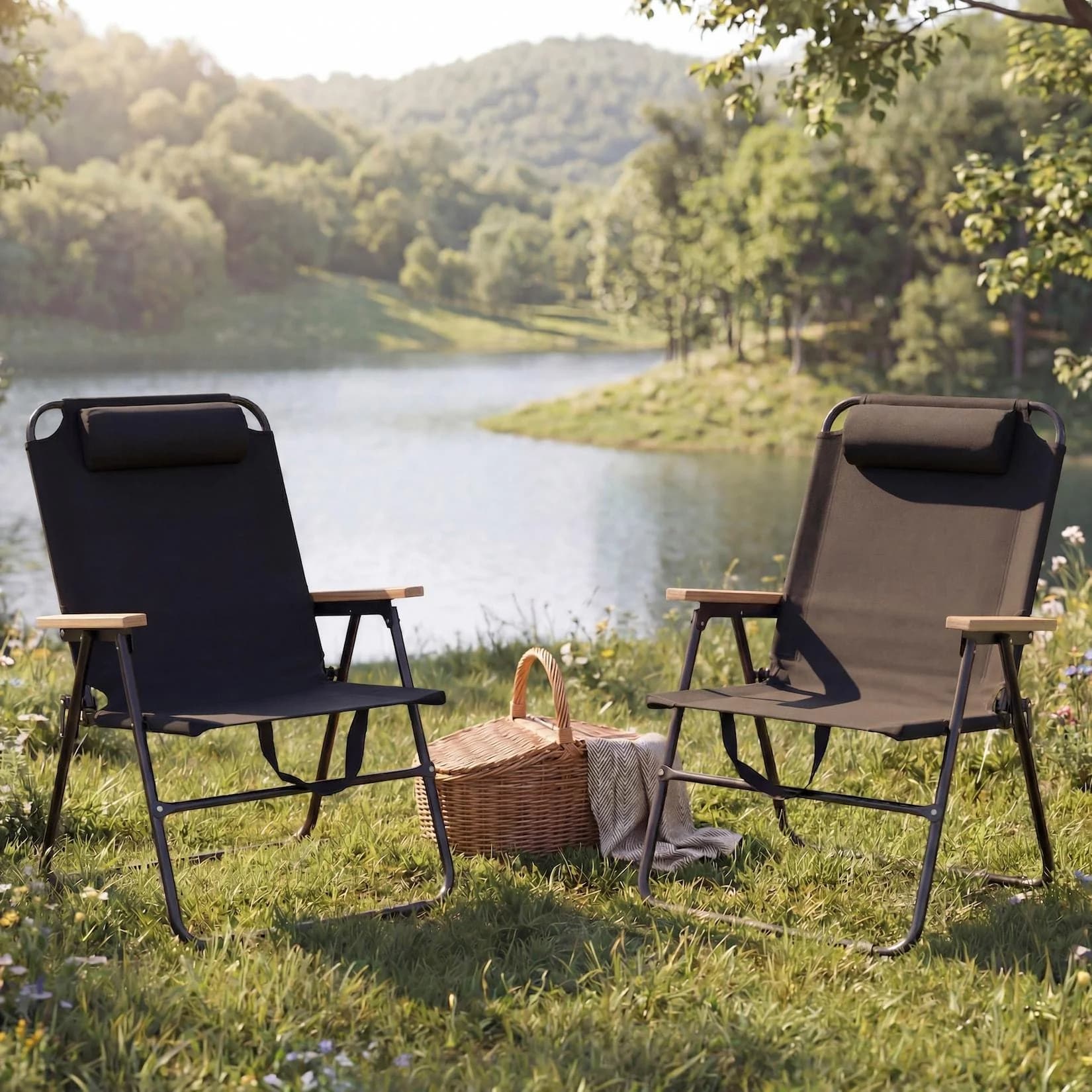 MCW 2er-Set Campingstuhl klappbar verstellbar Outdoor Metall Stoff schwarz