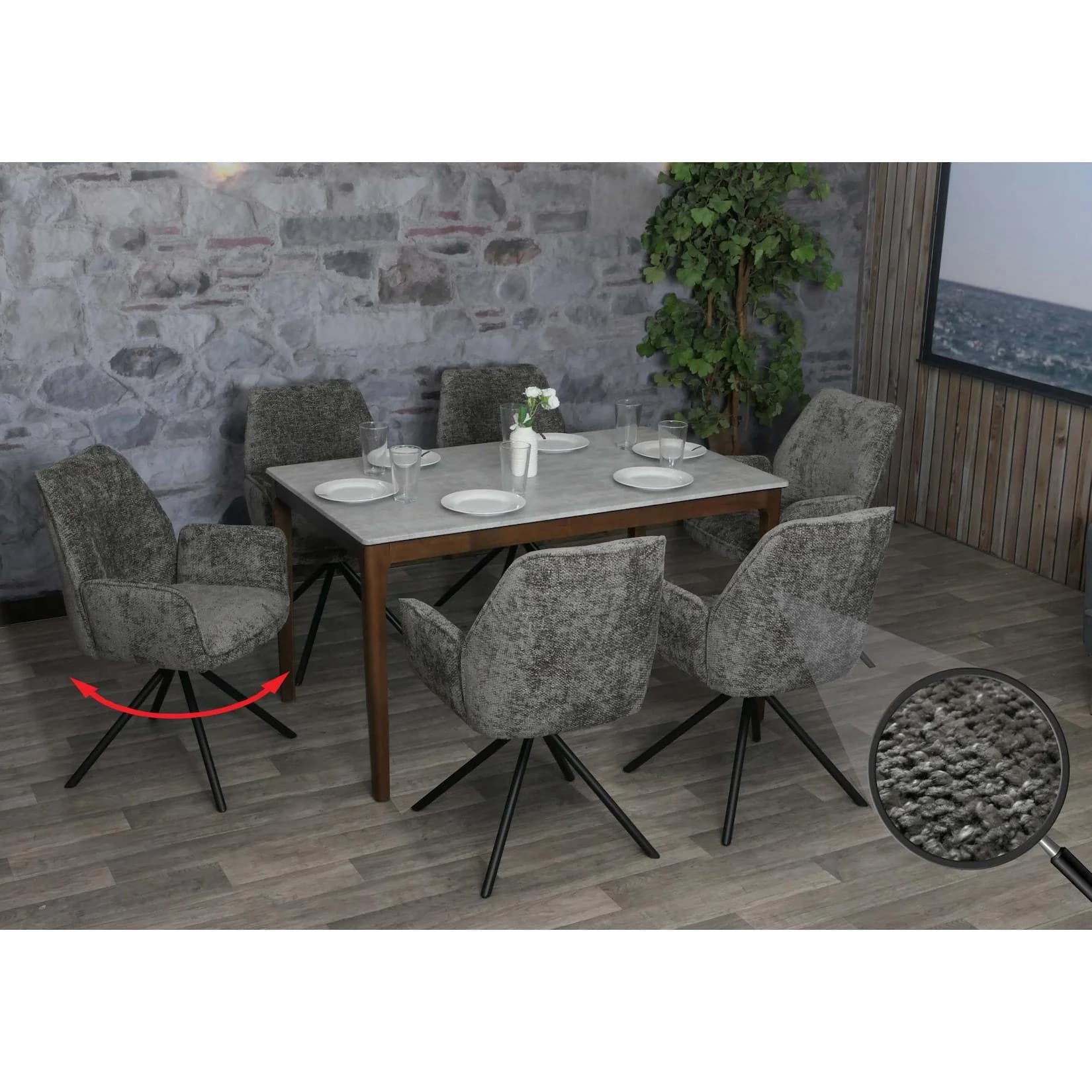 MCW 6er-Set Esszimmerstuhl Dunkelgrau mit Armlehne Chenille