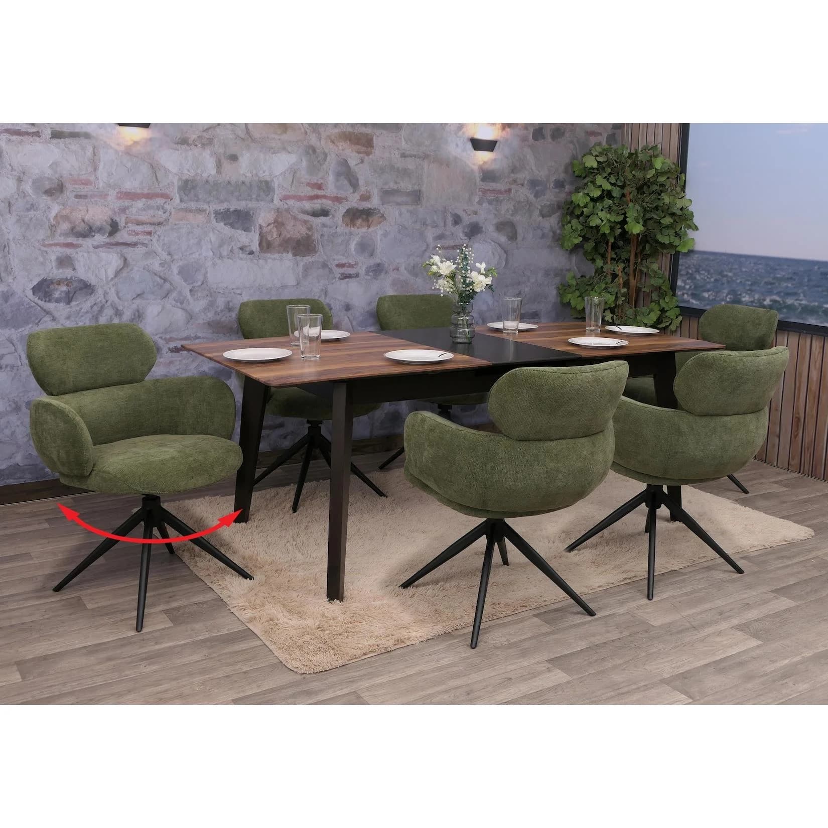 6er-Set Esszimmerstuhl MCW-O77, Küchenstuhl, drehbar Auto-Return, Stoff Chenille Oeko-Tex olivgrün