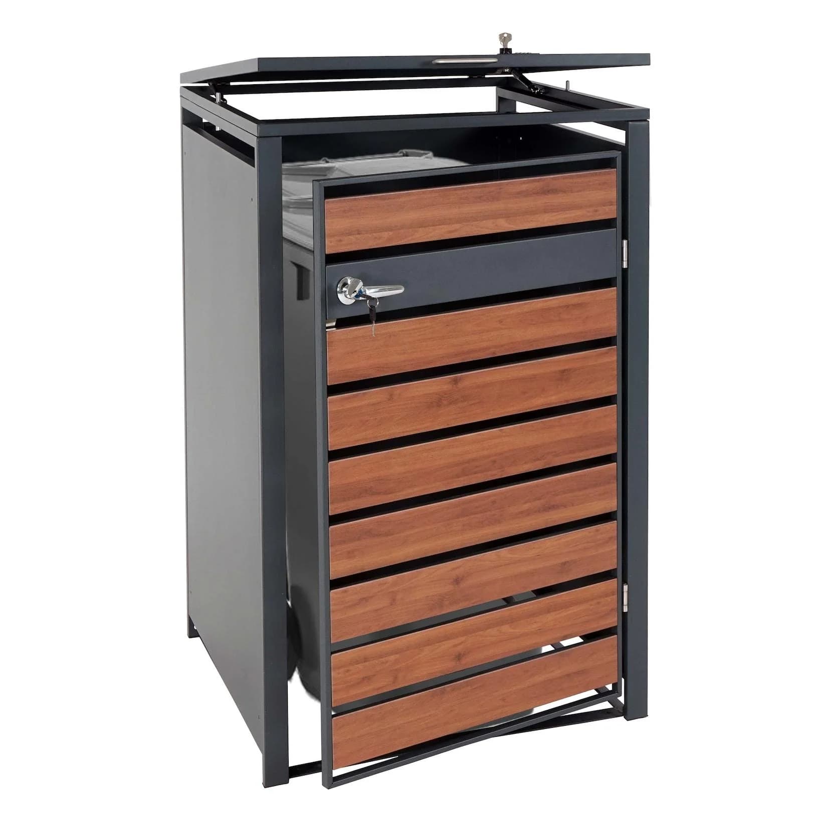 MCW Mülltonnenbox Metall Anthrazit Kirsche-Holzoptik XL