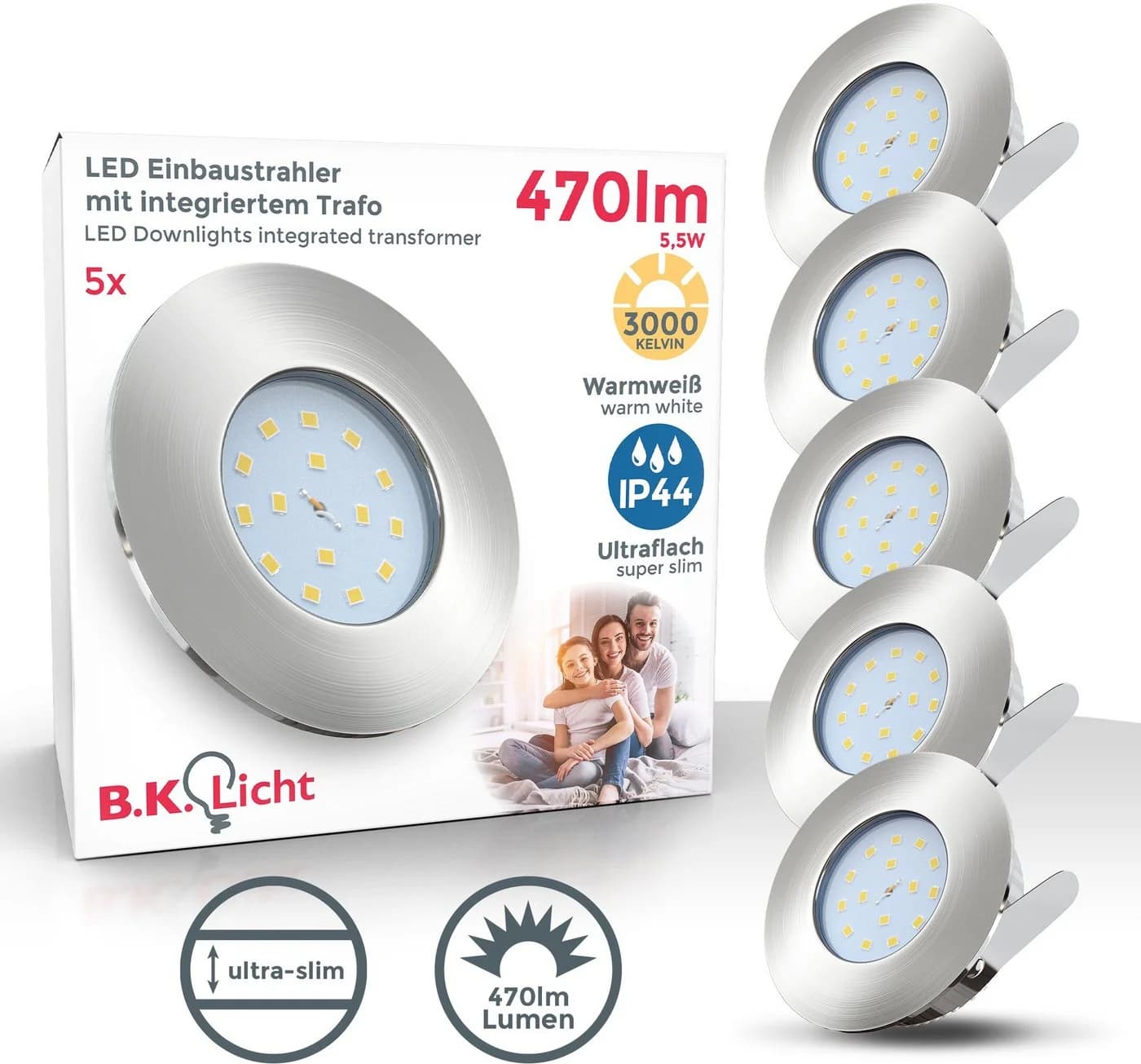 B.K.LICHT LED Einbaustrahler 5er Set IP44 Dimmbar Nickelfarben - Bild 2