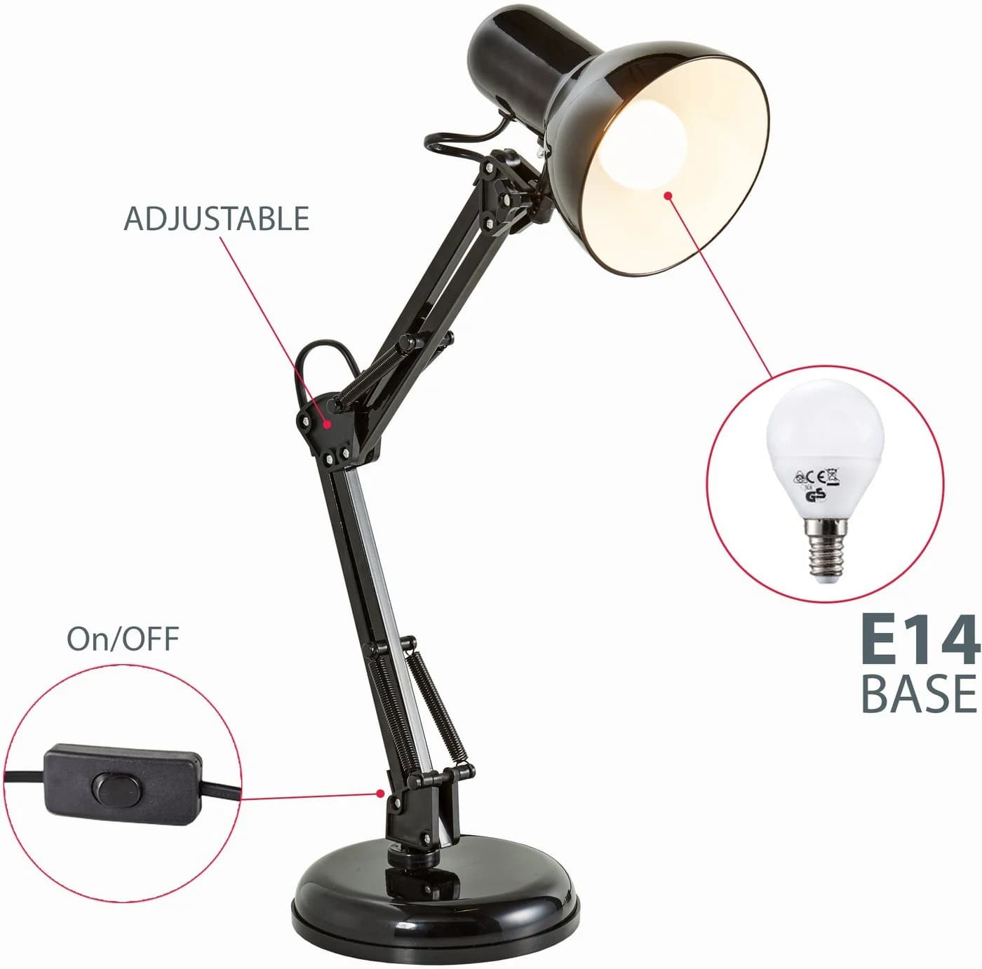 B.K.Licht Schreibtischlampe Draco Schwarz Retro Gelenkarm - Bild 3