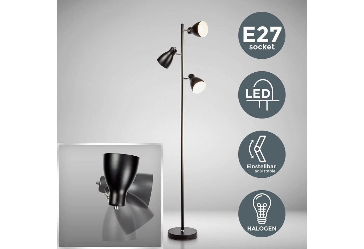 B.K.LICHT Stehlampe Schwarz 3-flammig Industrie-Look