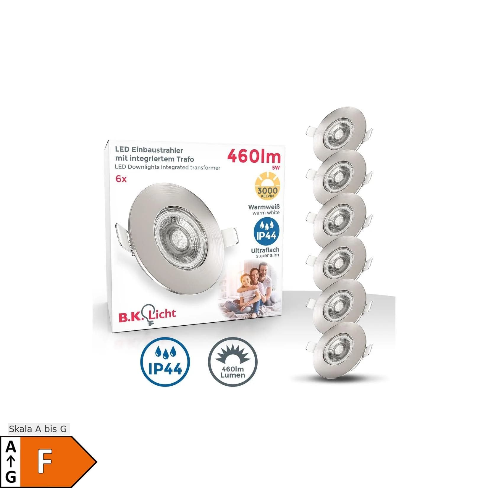 B.K.LICHT LED Einbaustrahler 6er Set IP44 Bad Ultraflach Matt-Nickel