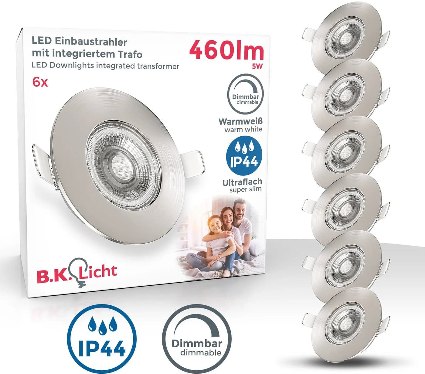 B.K.Licht LED Einbaustrahler 6er Set Dimmbar Ultraflach IP44 Silber - Bild 2