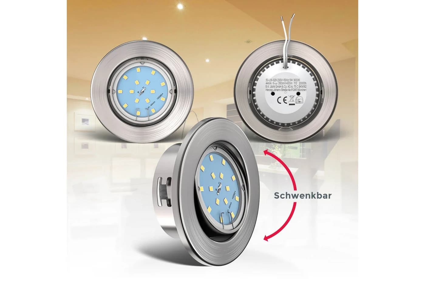 B.K.Licht LED Einbaustrahler 5er Set Schwenkbar Ultraflach Silber Matt-Nickel - Bild 5