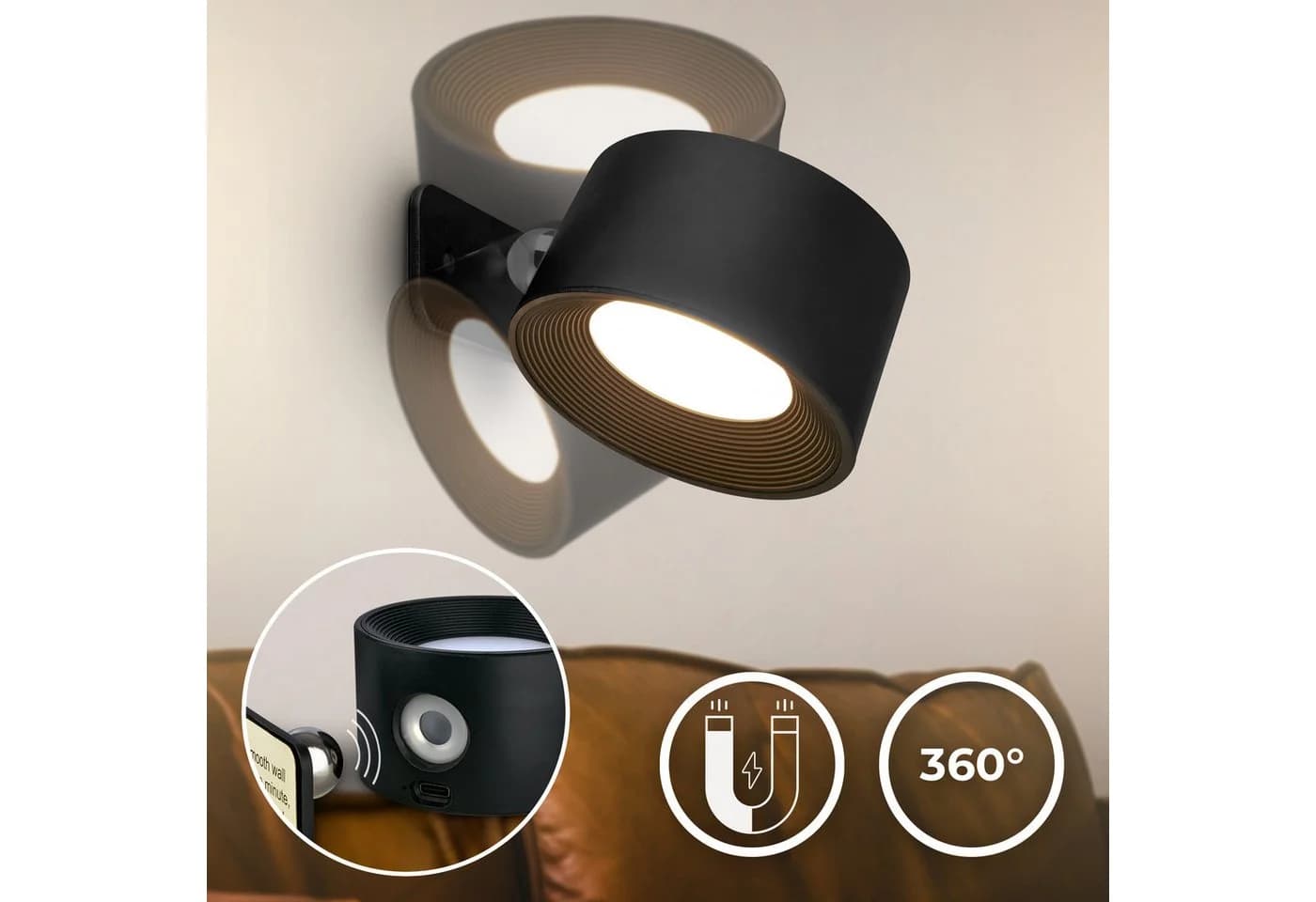 B.K.LICHT LED Wandleuchte Schwarz Magnetisch Akku Dimmbar - Bild 4