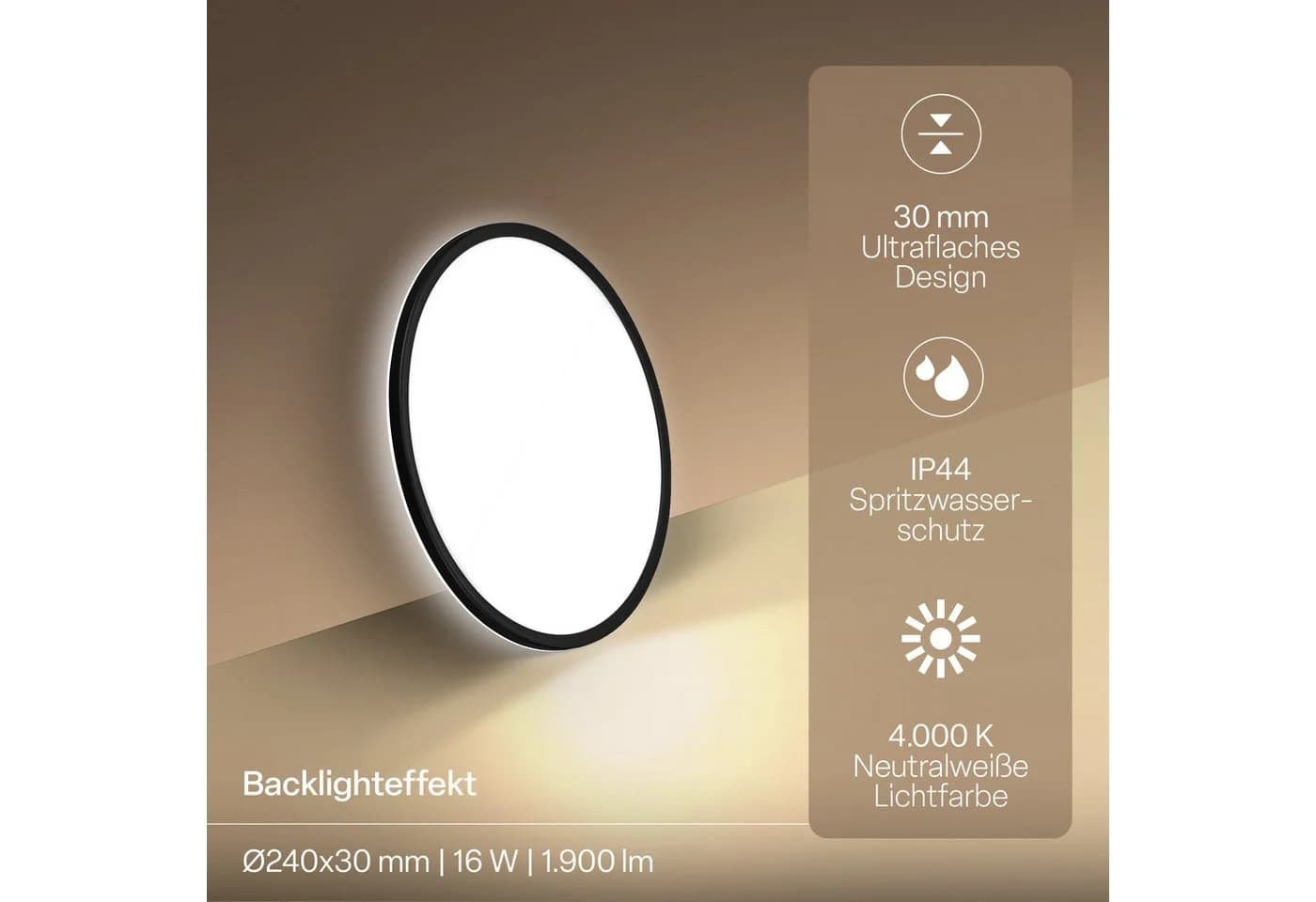 B.K.Licht LED Panel SHALLOW Schwarz 24cm Badlampe - Bild 5