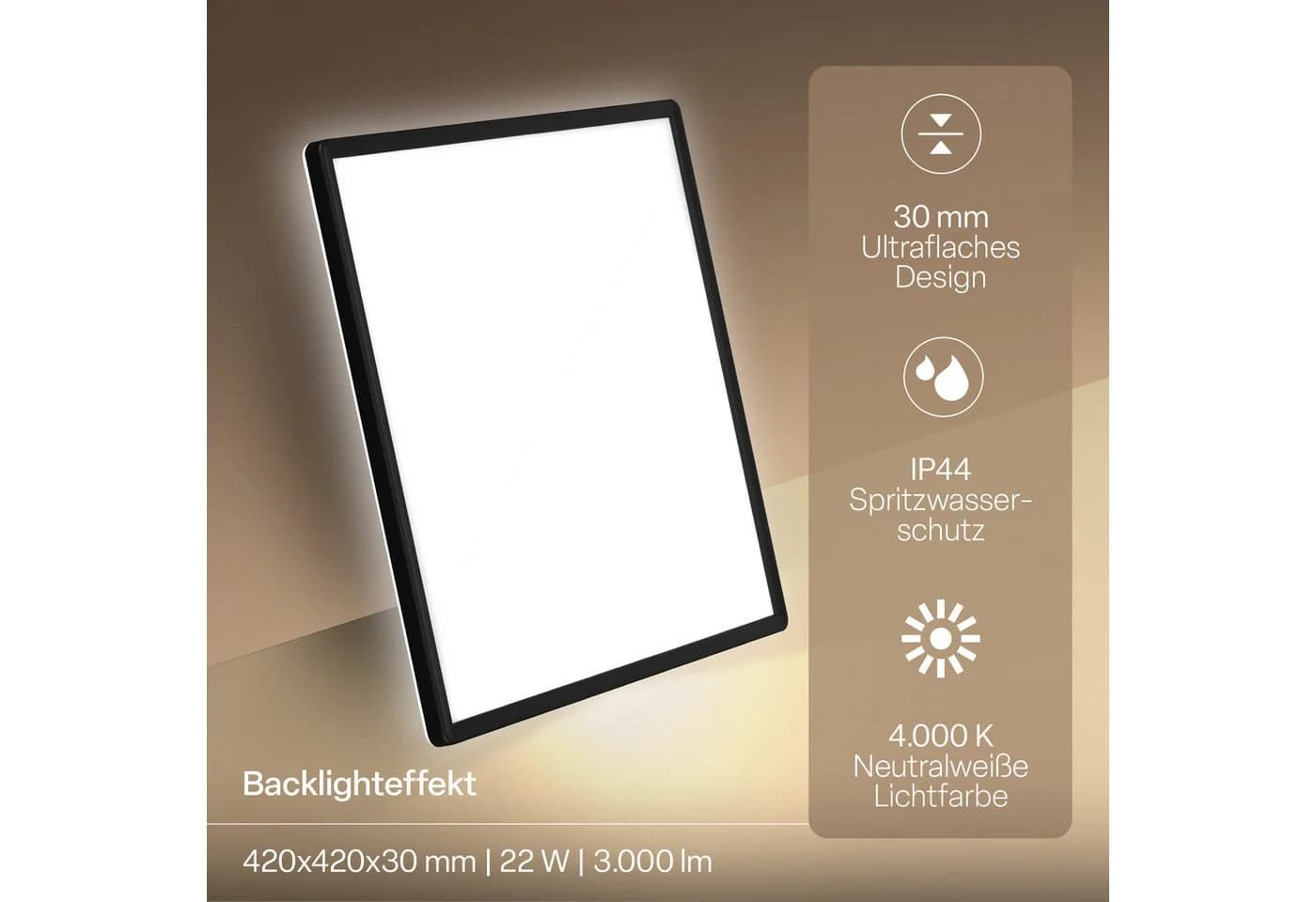 B.K.LICHT LED Panel SHALLOW Schwarz 42x42cm Spritzwassergeschützt - Bild 4